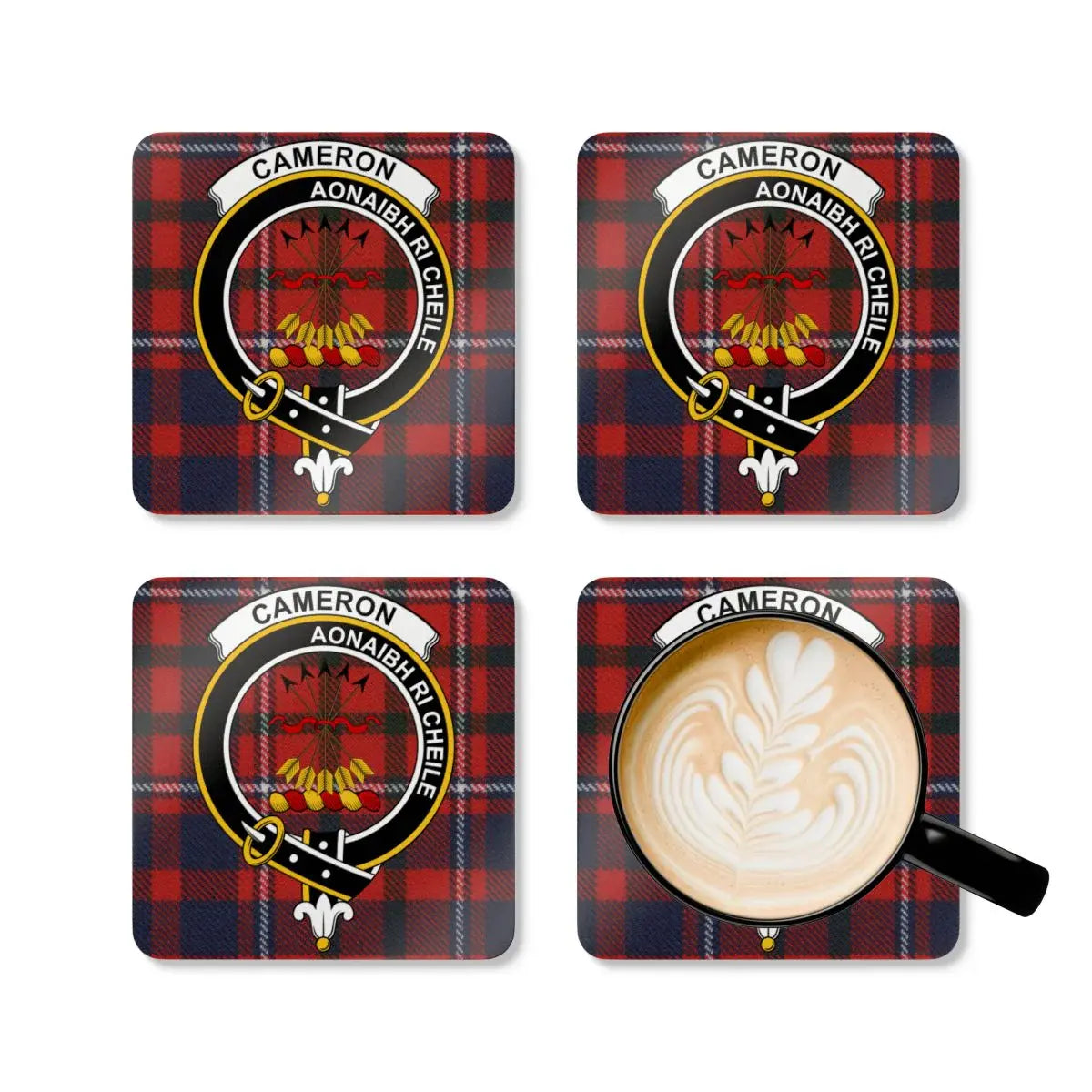 Cameron Aonaibh Ri Chéile tartan coaster set — four cork coasters with clan crest