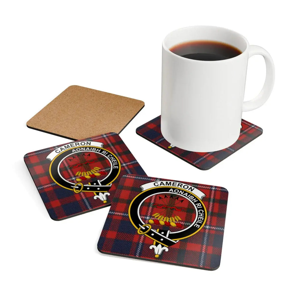 Cameron clan tartan square coaster — 3.75-inch corkwood with sealed red heraldic print