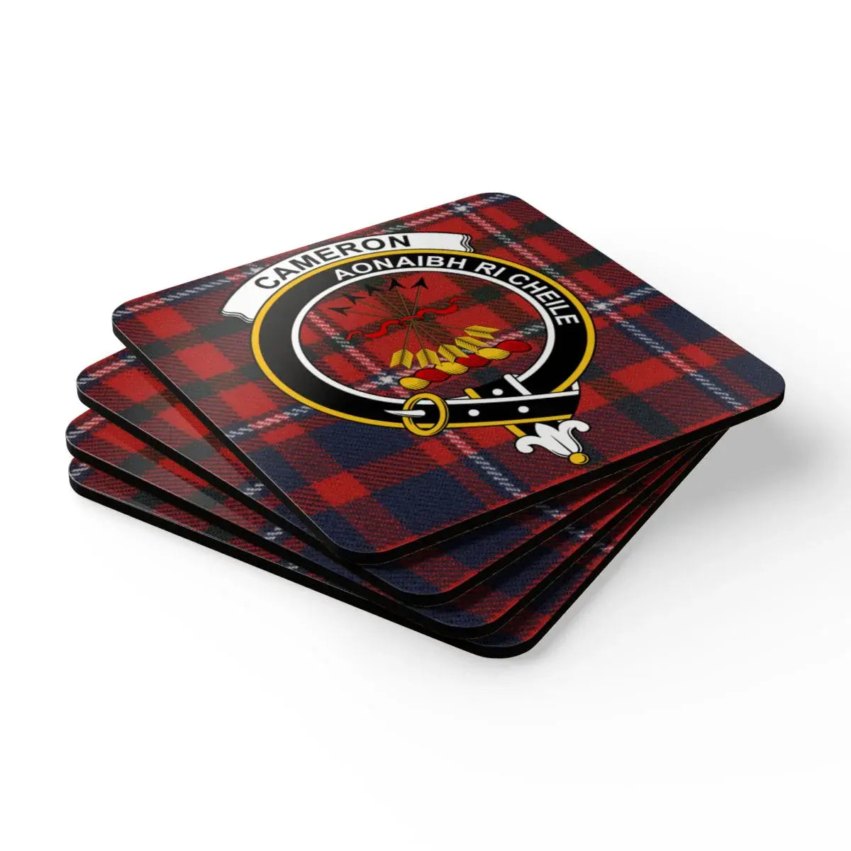 Cameron clan tartan coasters for drinks — set of four cork squares with crest design
