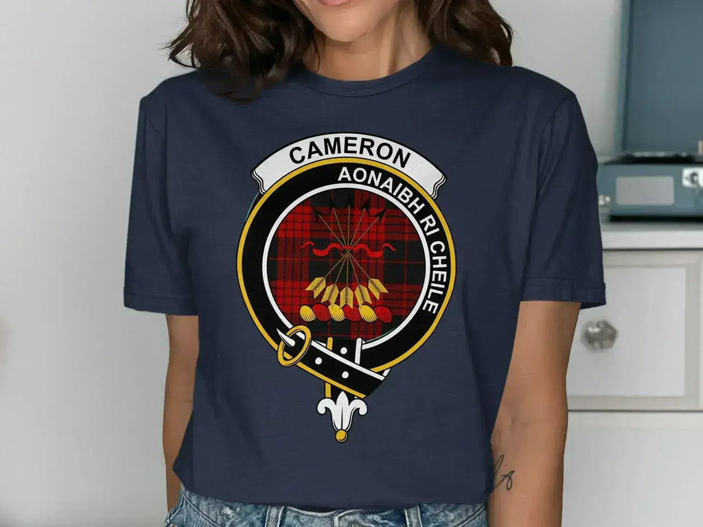 Cameron tartan tee in navy — clan crest and Unite motto on chest, unisex cotton fit