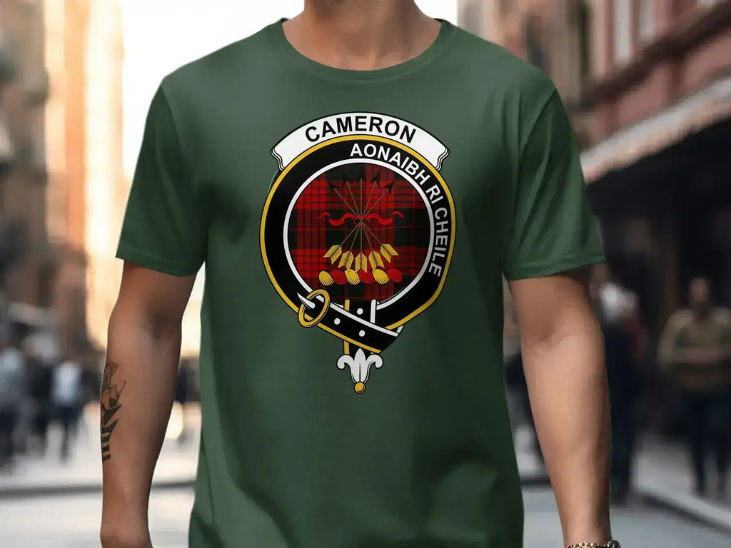 Cameron clan crest t-shirt in forest green — red tartan heraldic design on 100% cotton