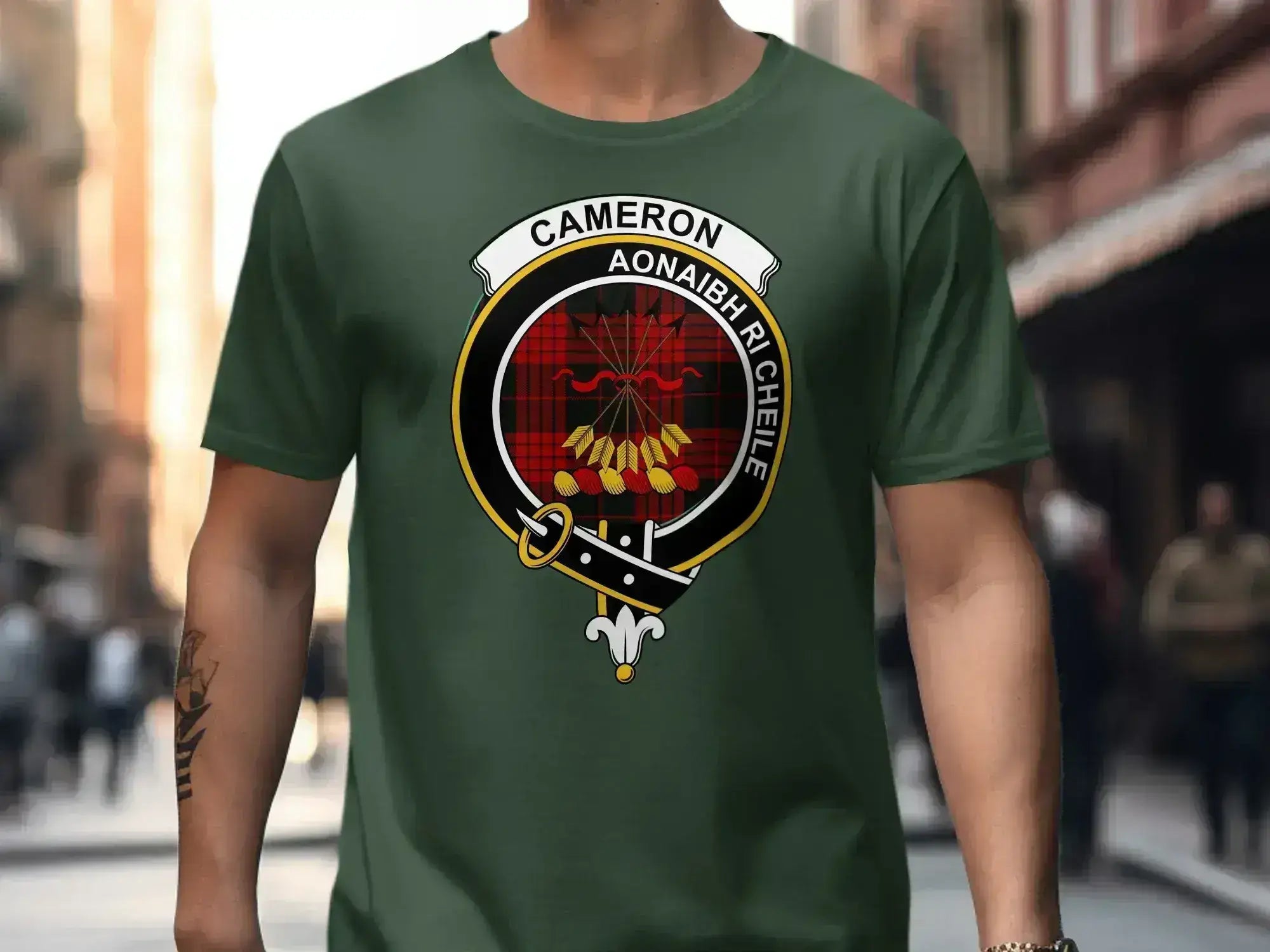 Cameron clan crest t-shirt in forest green — red tartan heraldic design on 100% cotton