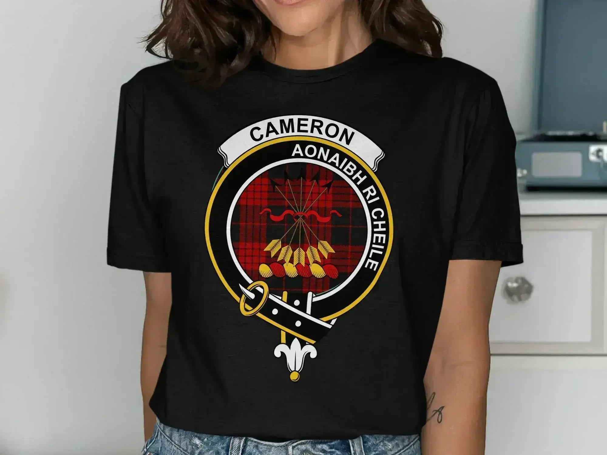 Cameron clan crest badge t-shirt in royal blue — full tartan design with Unite motto