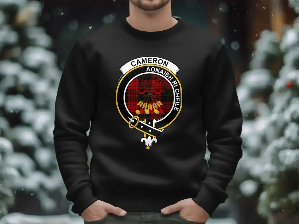 Cameron clan crest sweatshirt in black — Unite motto and clan badge on fleece