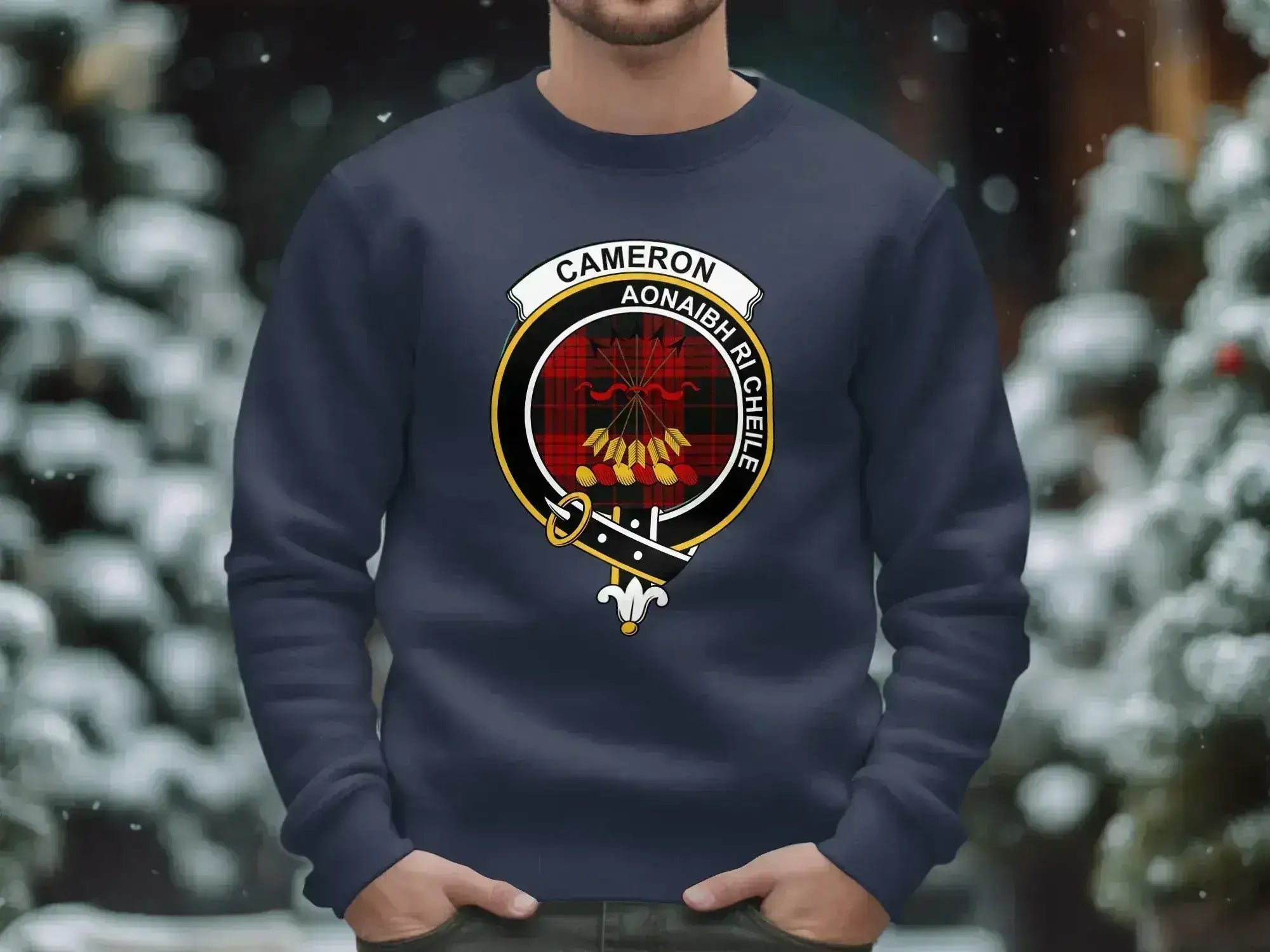Cameron Aonaibh Ri Chéile sweatshirt — clan crest on chest, fleece construction