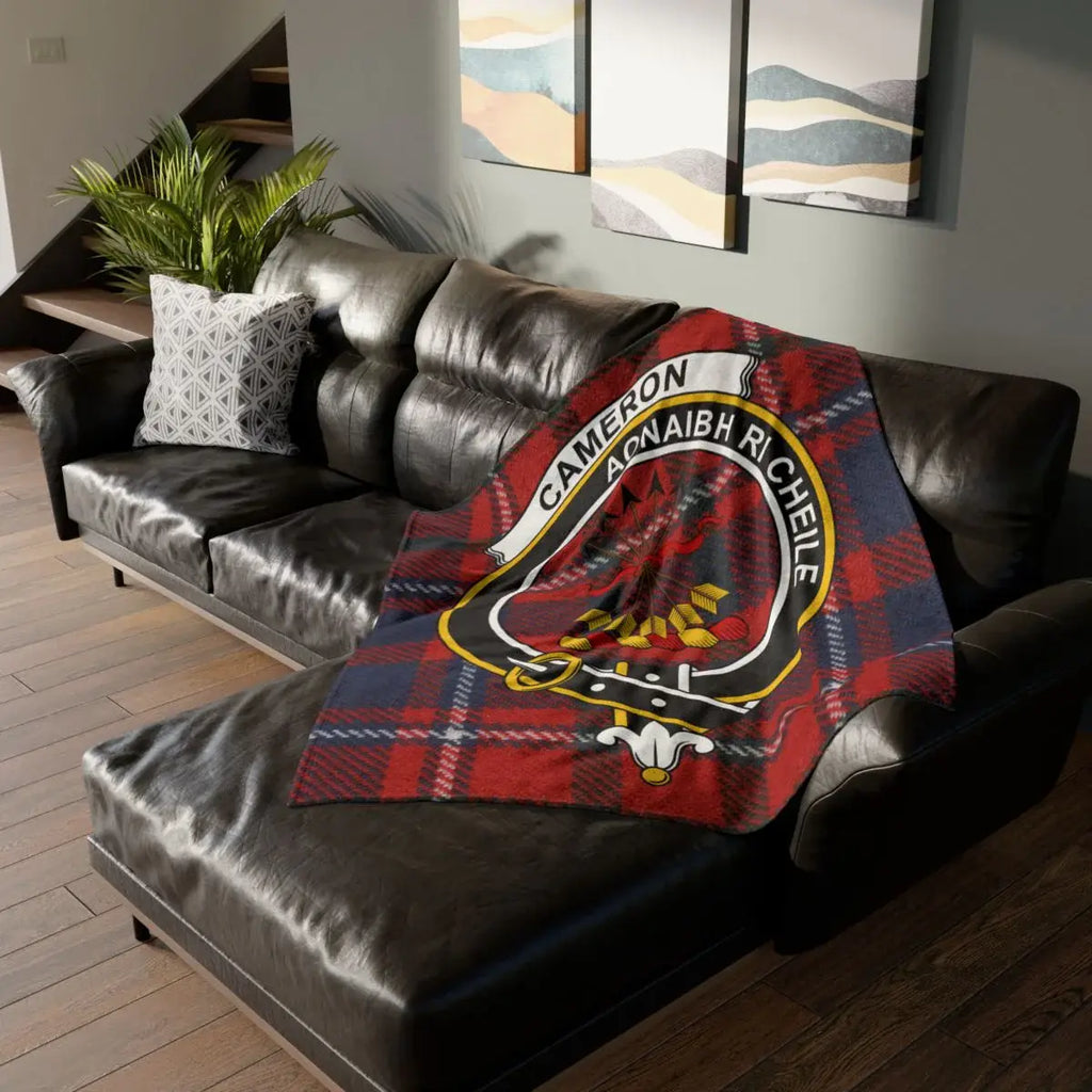 Cameron clan crest tartan printed throw blanket on sofa — 50x60 polyester, red clan design