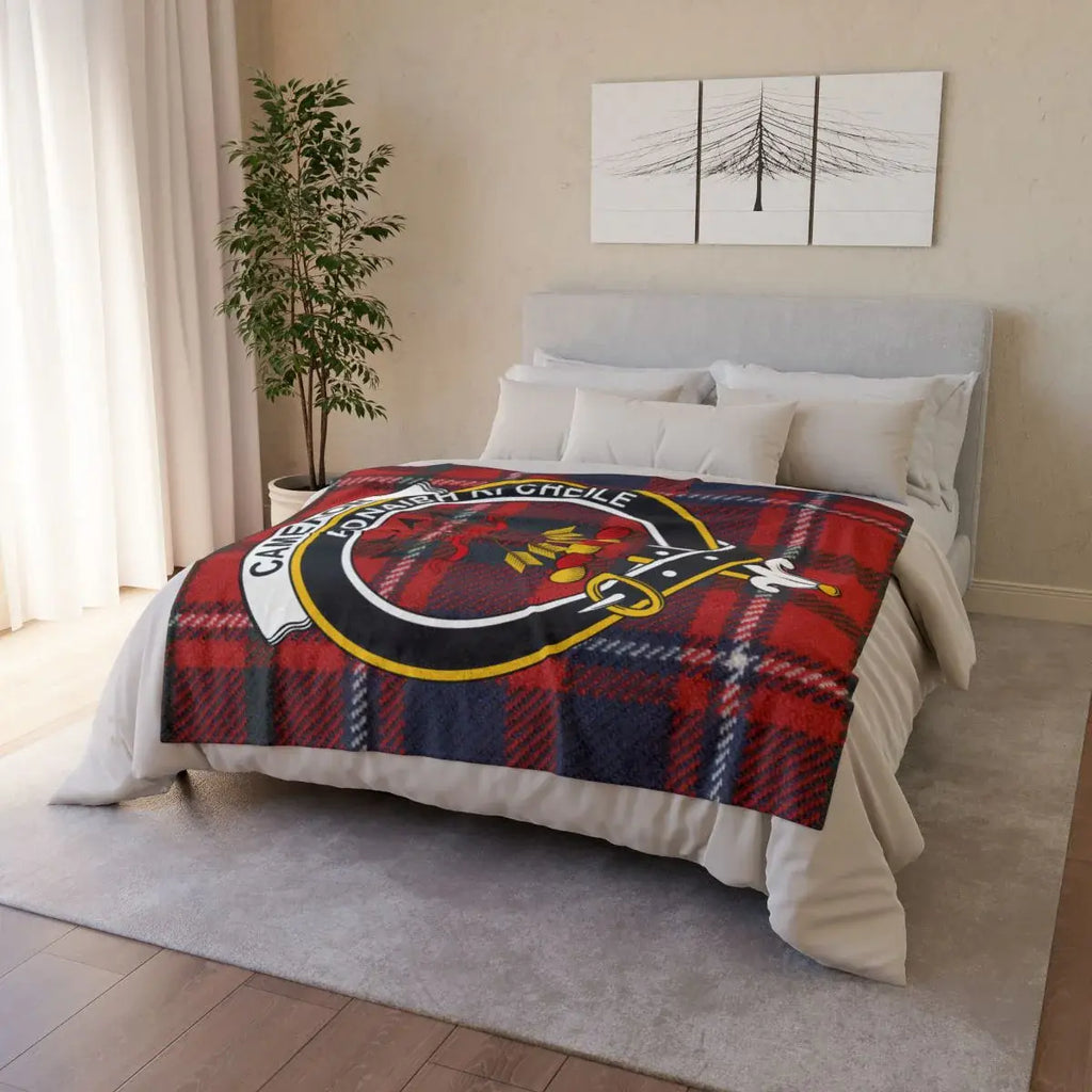 Cameron tartan throw blanket folded — lightweight printed polyester, hemmed edges