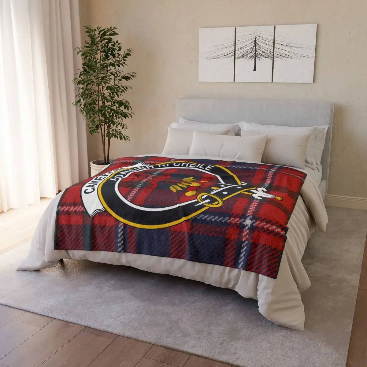 Cameron tartan throw blanket folded — lightweight printed polyester, hemmed edges