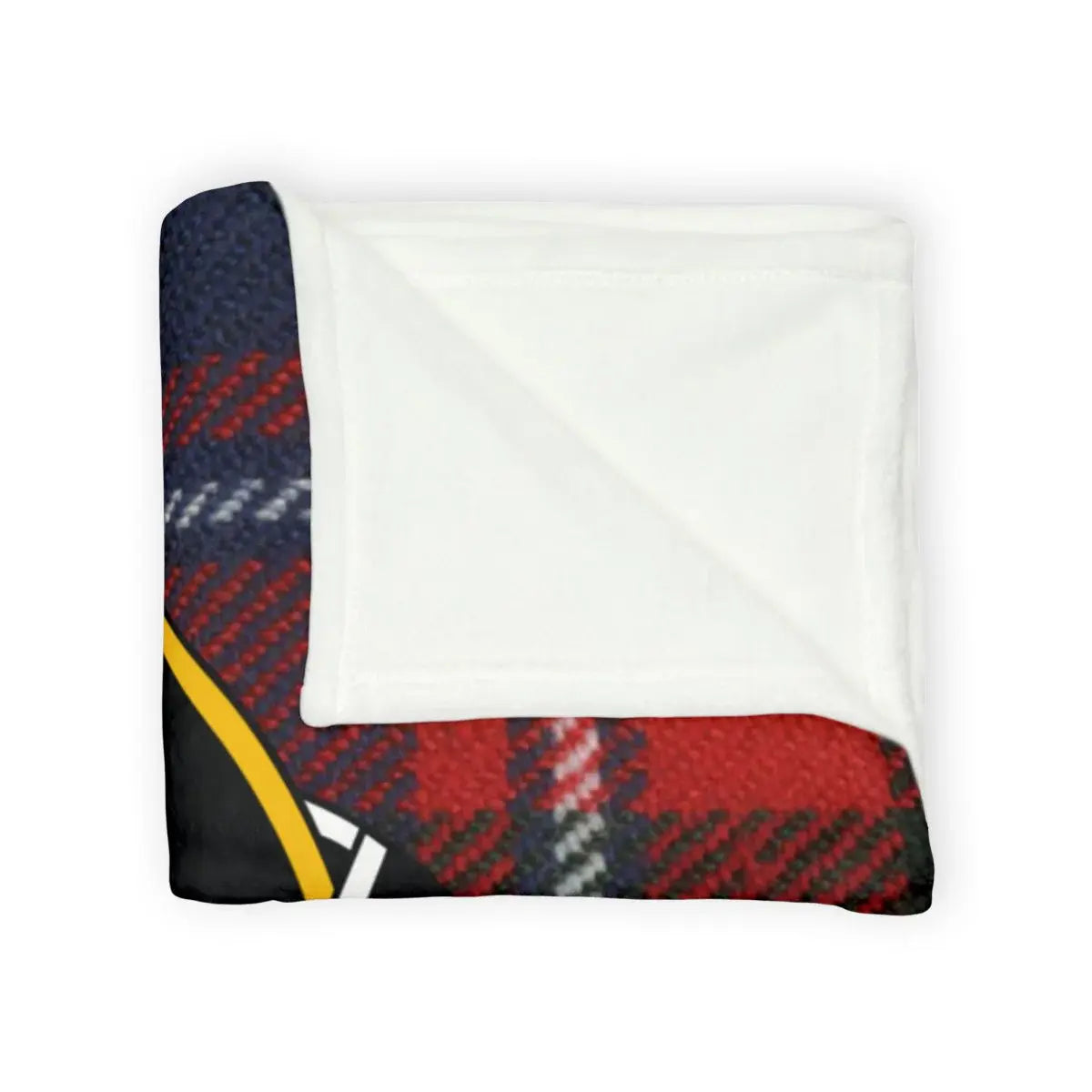 Cameron clan crest throw blanket laid flat — 100% polyester, 50x60, red tartan pattern