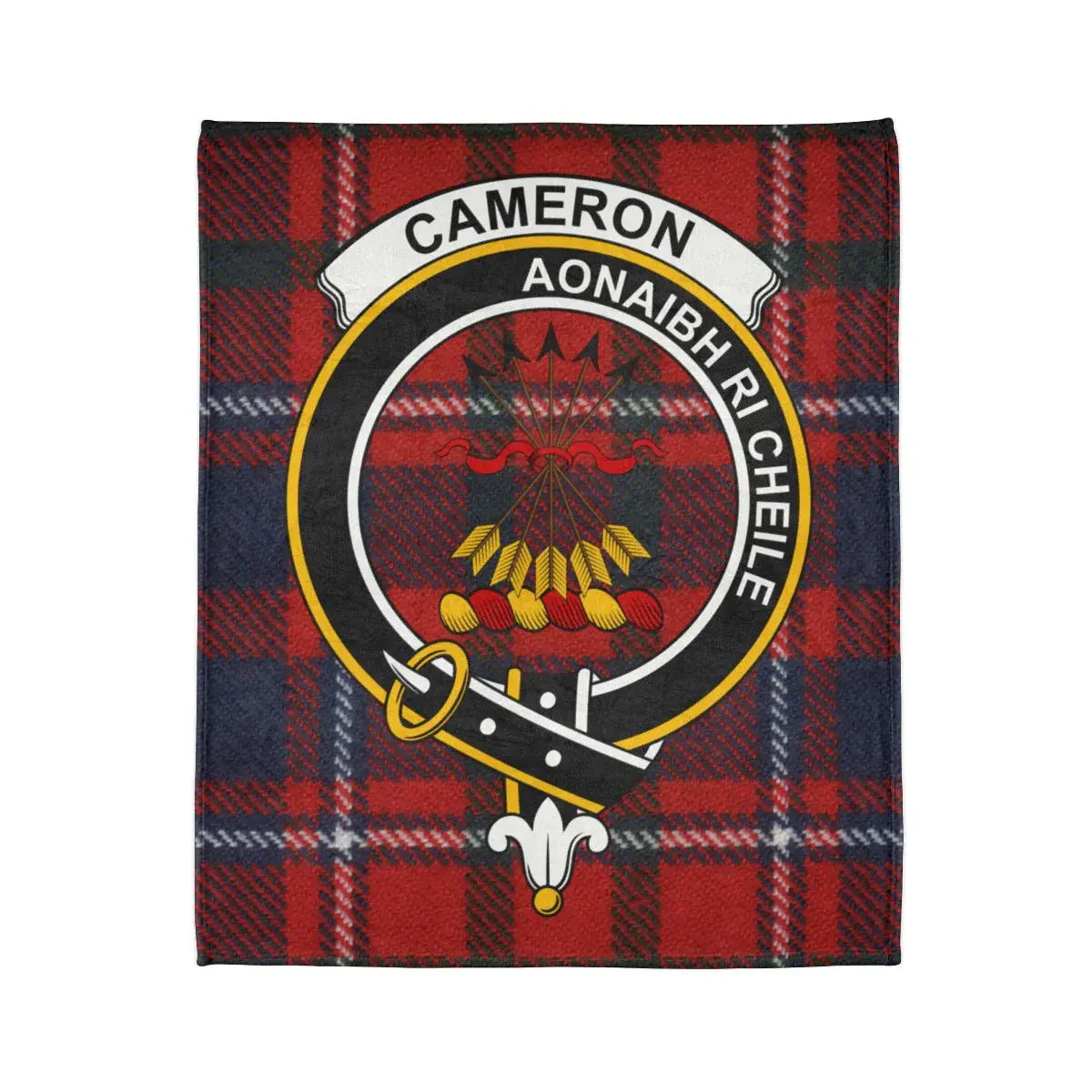 Cameron Aonaibh Ri Chéile tartan throw blanket — full red clan crest design, 50x60 polyester