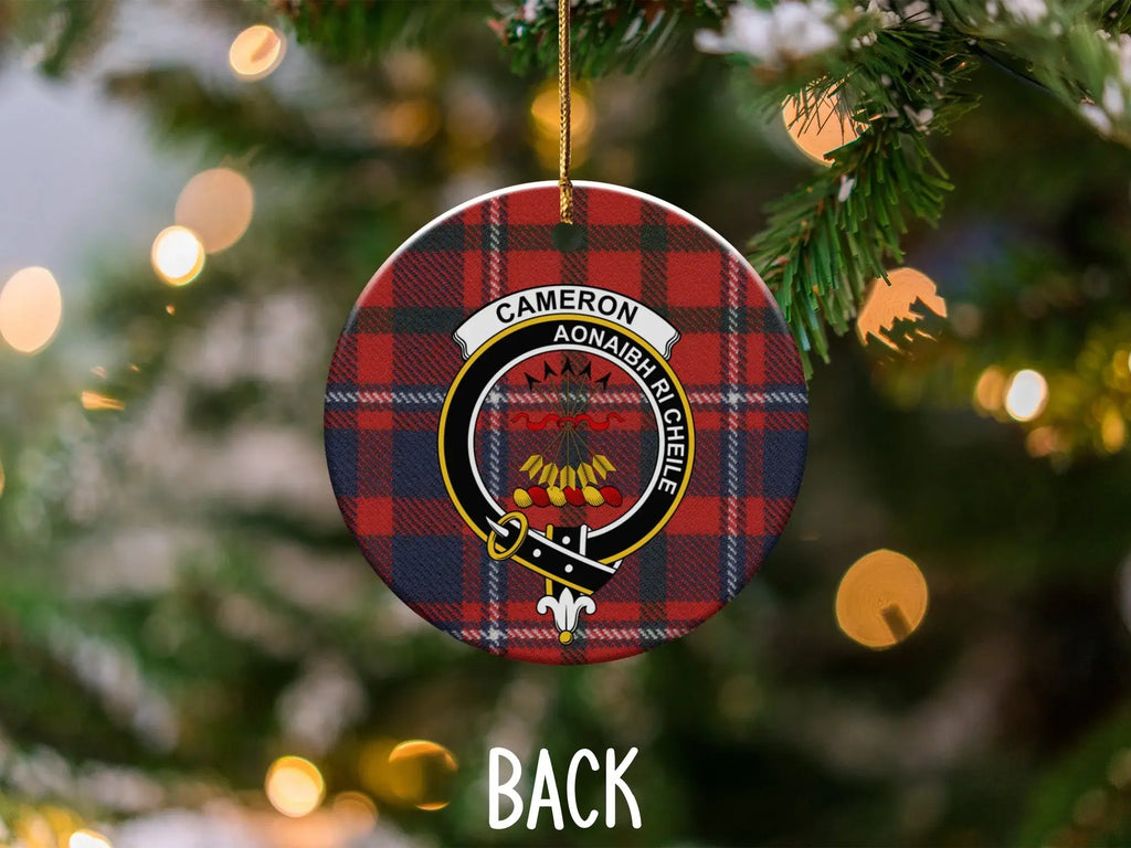 Cameron clan Christmas ornament — double-sided 3-inch ceramic with ribbon hanger