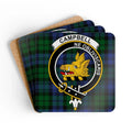 Campbell clan crest tartan coaster set — four square corkwood coasters with Ne Obliviscaris design