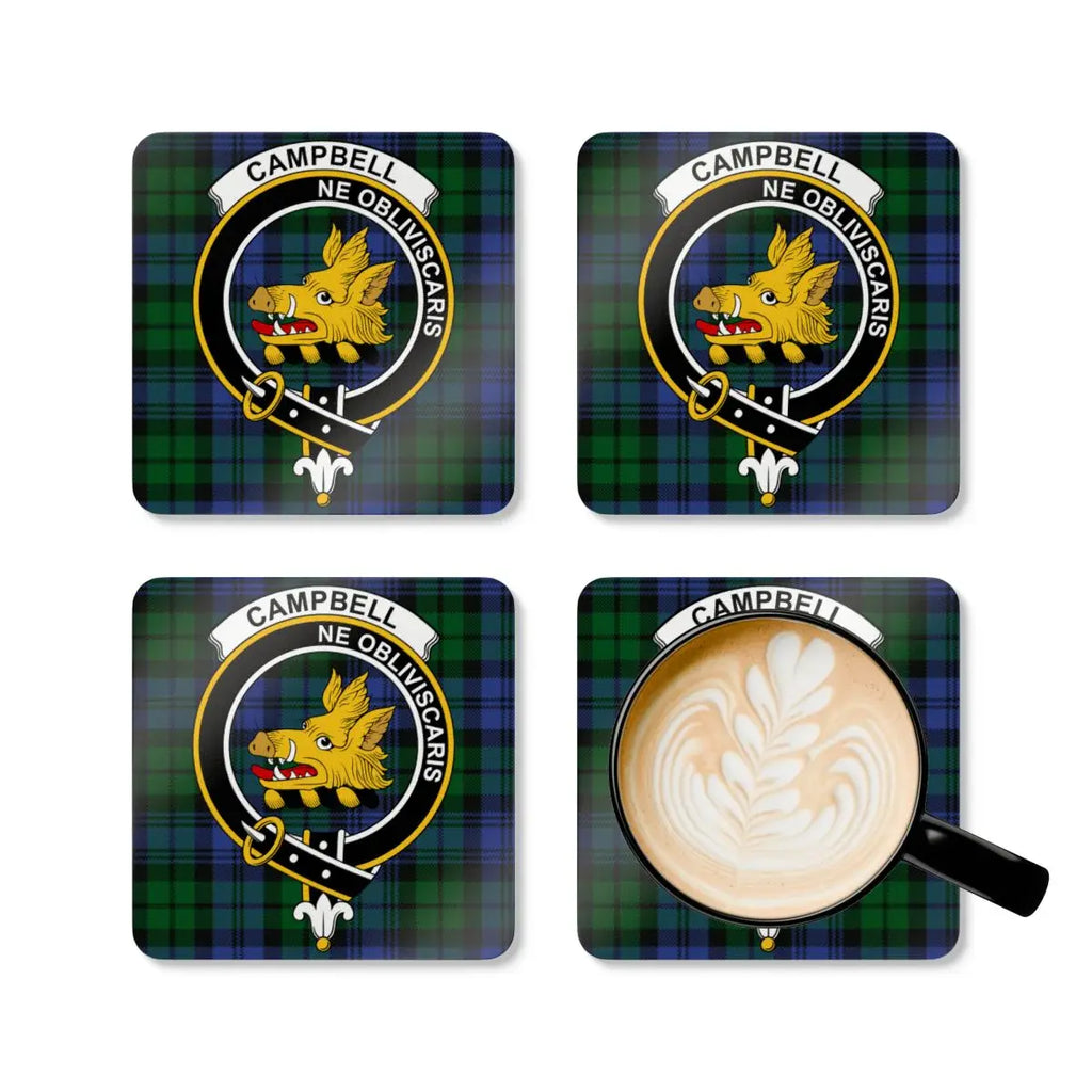 Campbell tartan corkwood coaster close-up — glossy boar's head crest print on natural cork base