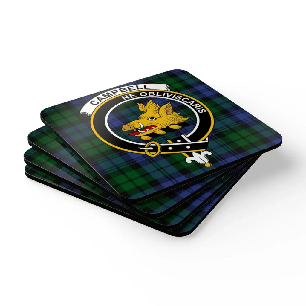 Set of four Campbell Ne Obliviscaris coasters — glossy tartan print, cork base, square format