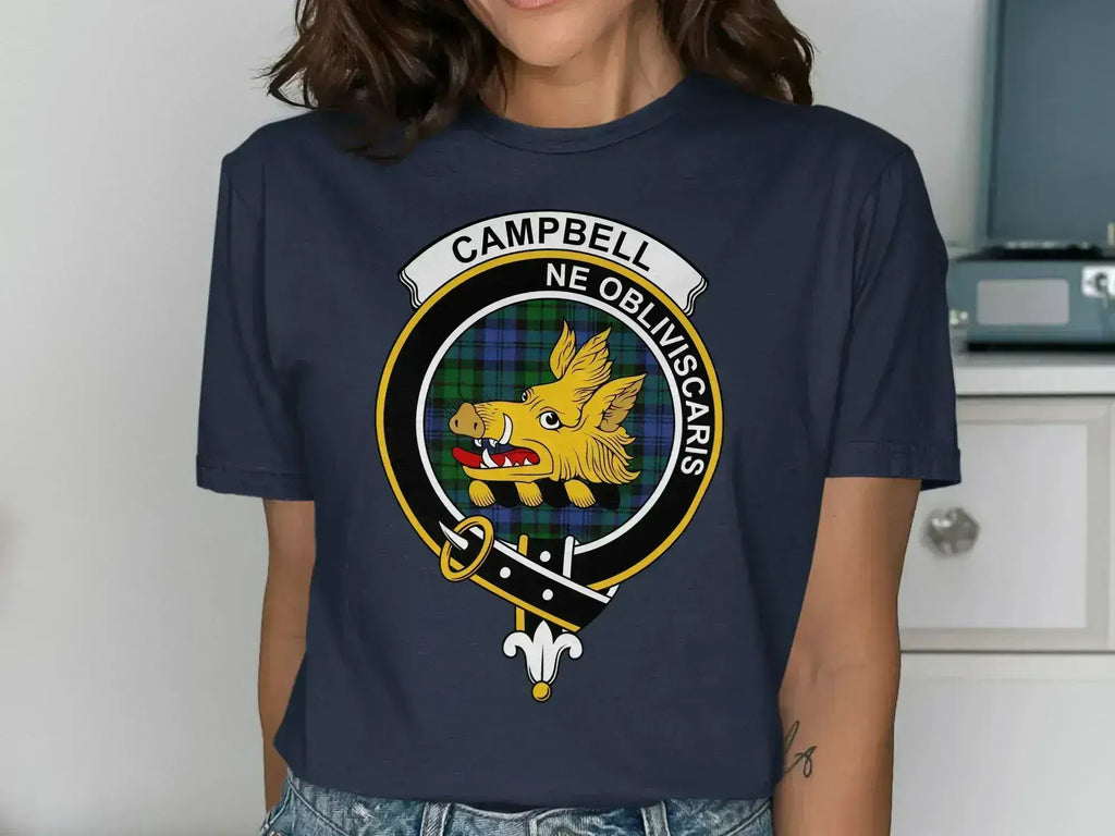 Campbell tartan t-shirt in black — boar's head crest on chest, relaxed unisex fit