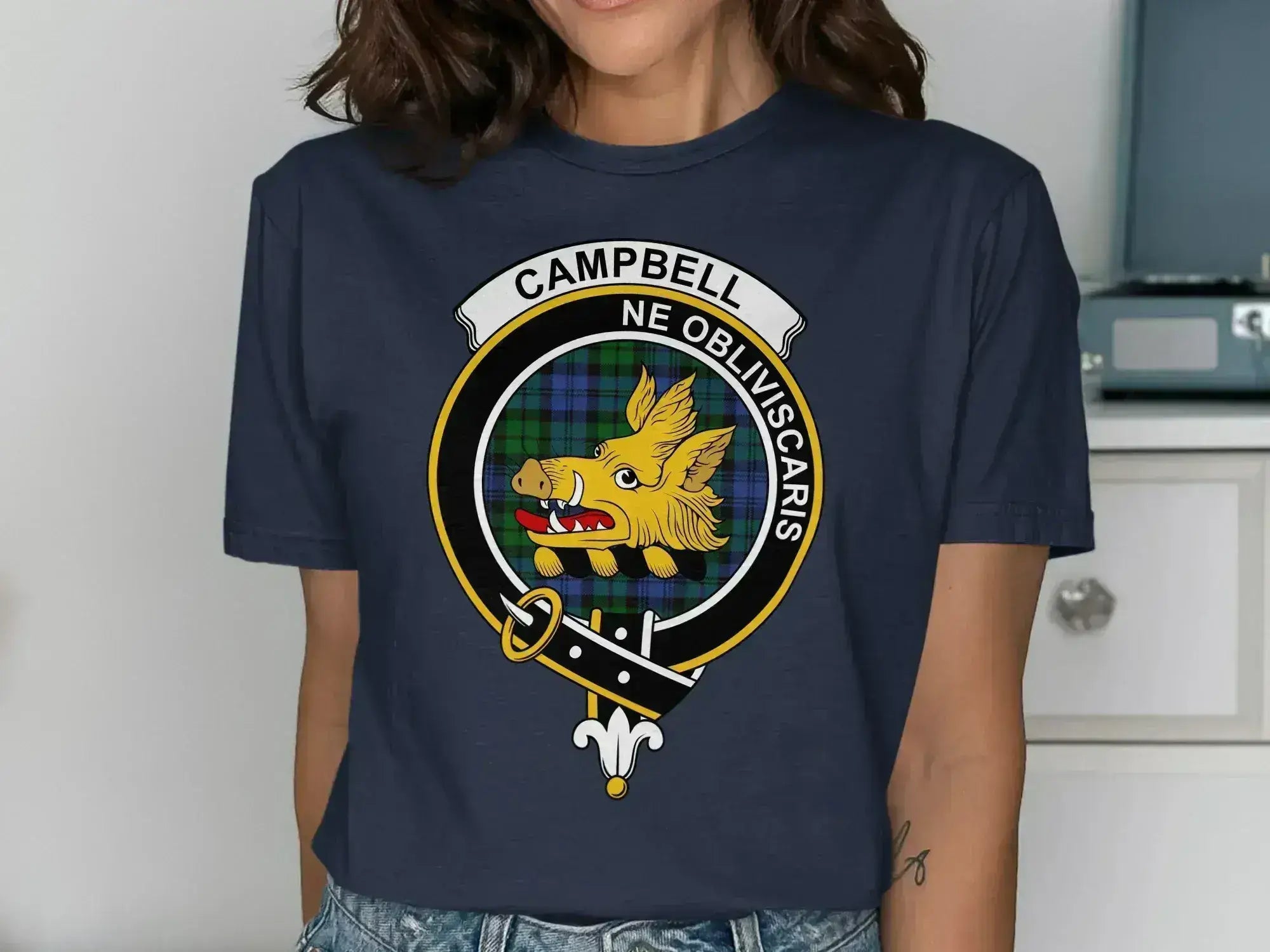 Campbell tartan t-shirt in black — boar's head crest on chest, relaxed unisex fit