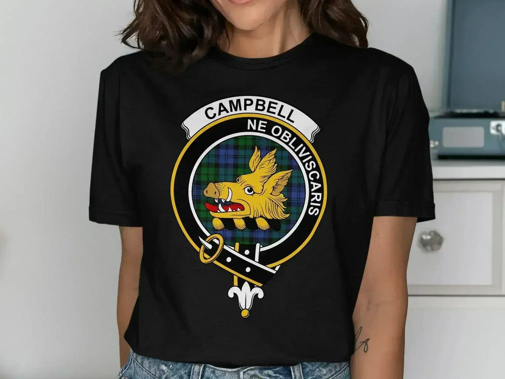 Campbell clan crest t-shirt in forest green — boar's head tartan design, classic fit