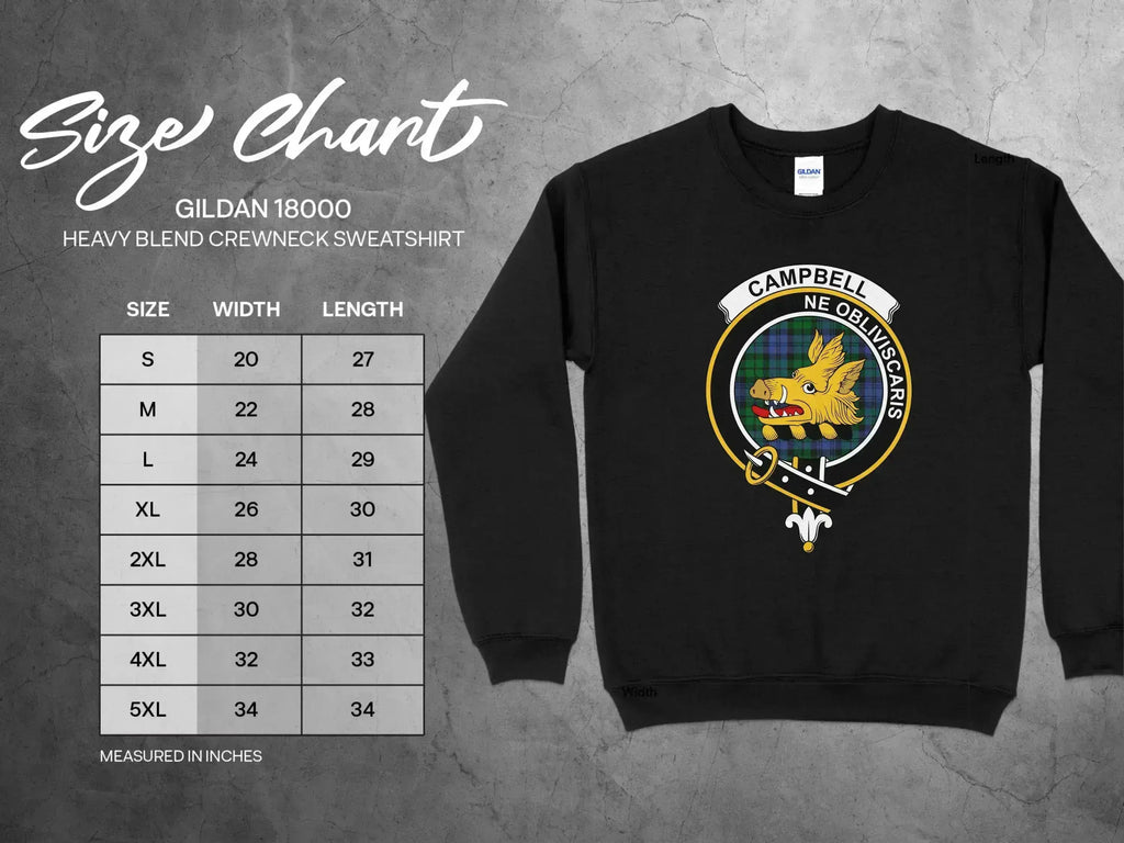Campbell clan crest sweatshirt product spec — S to 3XL, four colour options, fleece interior