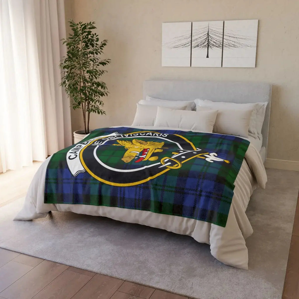 Campbell tartan printed throw blanket folded — dark green and black plaid, hemmed edges