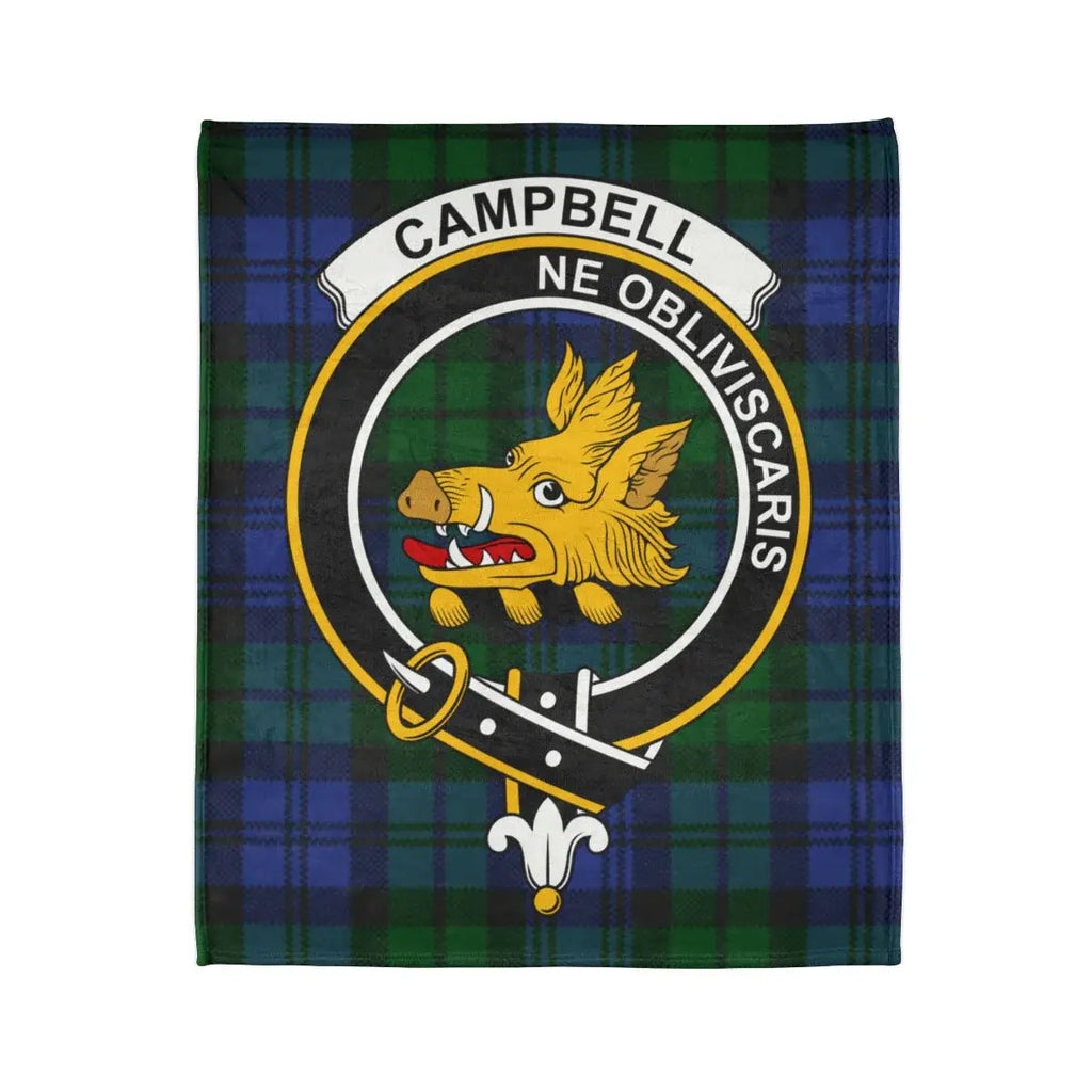 Campbell boar's head crest on dark green tartan throw — flat lay showing full blanket print