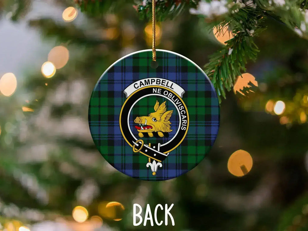 Campbell clan crest ornament reverse side — double-sided ceramic, dark green tartan print