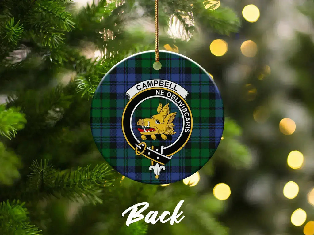 Campbell tartan ceramic Christmas ornament — gold hanging string, 3 inch round, UV print