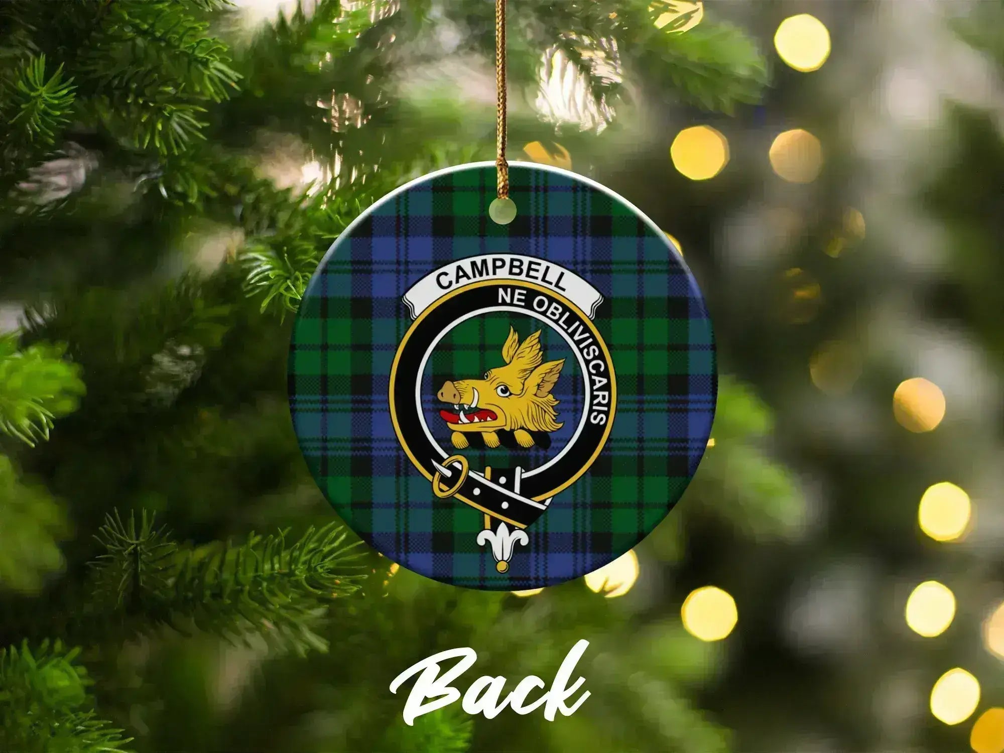 Campbell tartan ceramic Christmas ornament — gold hanging string, 3 inch round, UV print