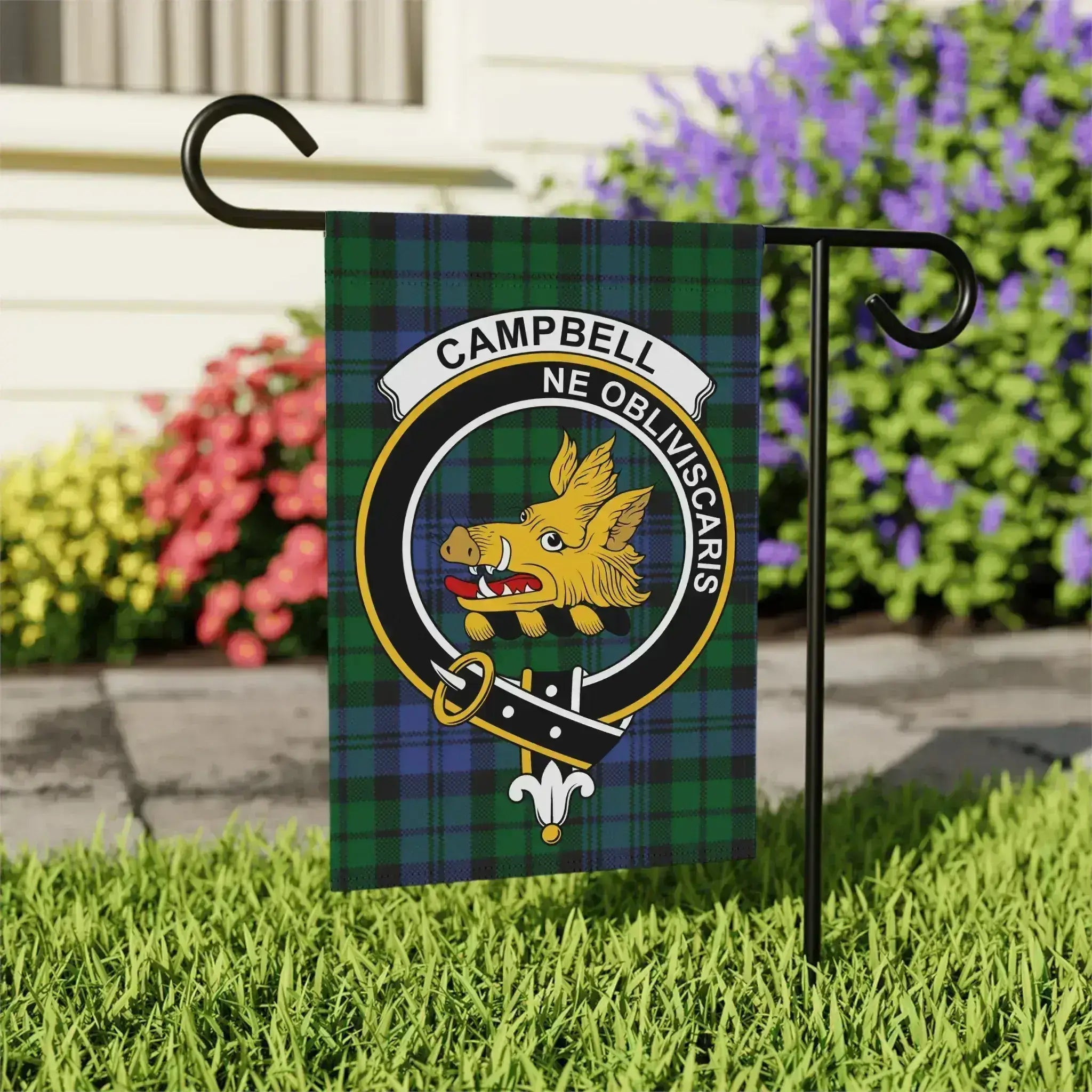 Campbell tartan garden flag 24.5x32 — dark green and black clan crest, outdoor display