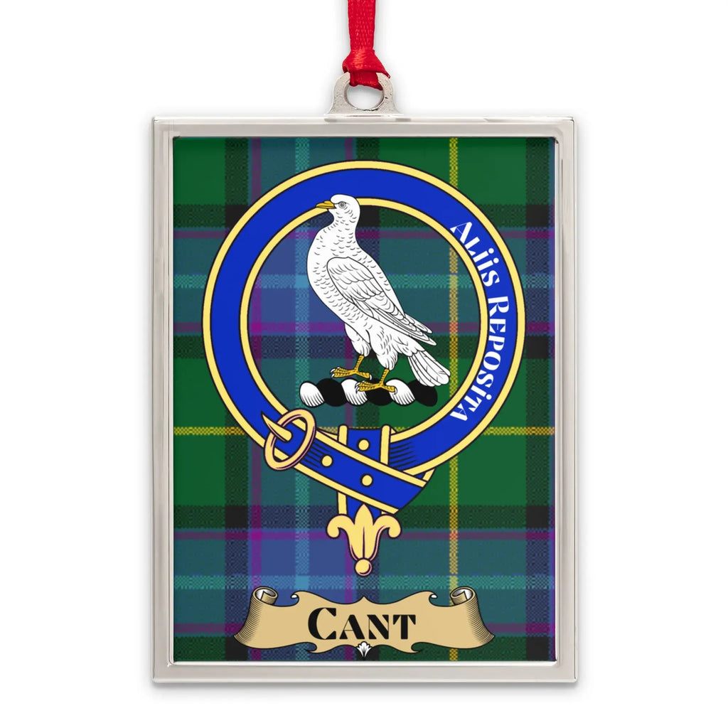 Cant tartan-background crest ornament shown as a Scottish heritage keepsake gift
