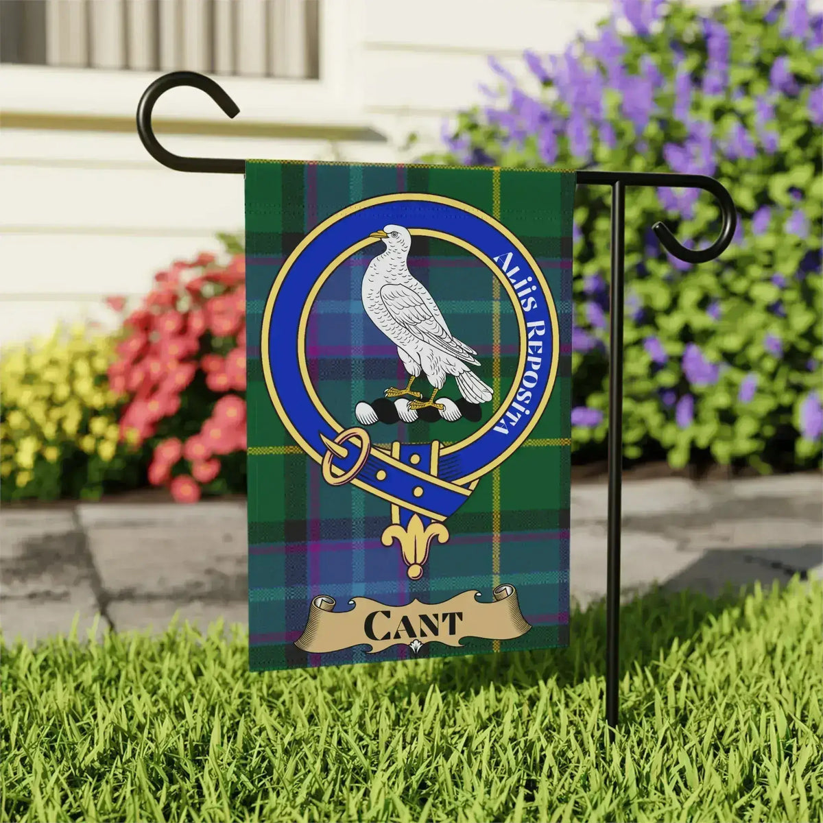 Cant tartan garden flag shown in 12x18 and 24x32 inch sizes