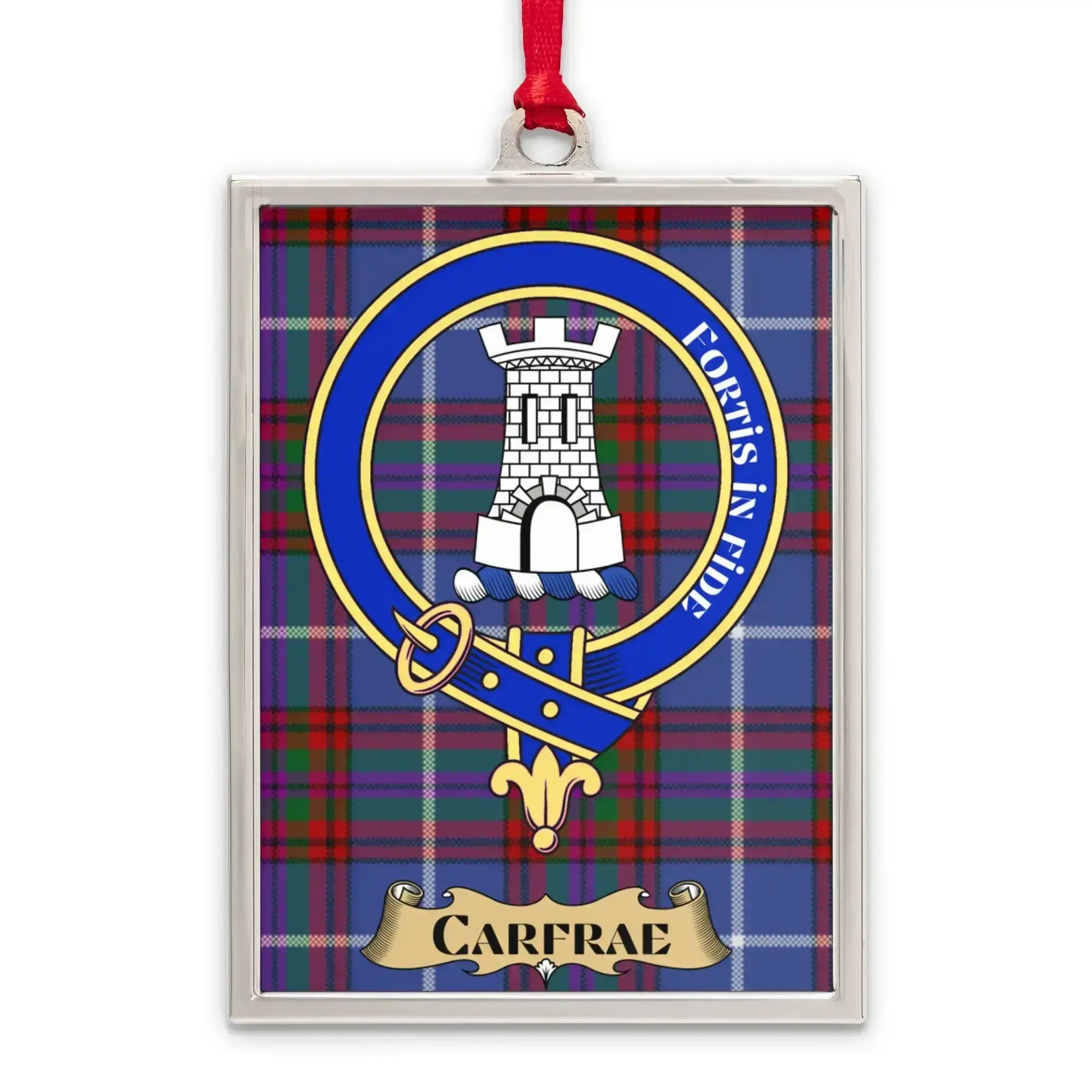 Carfrae tartan-background crest ornament shown as a Scottish heritage keepsake gift