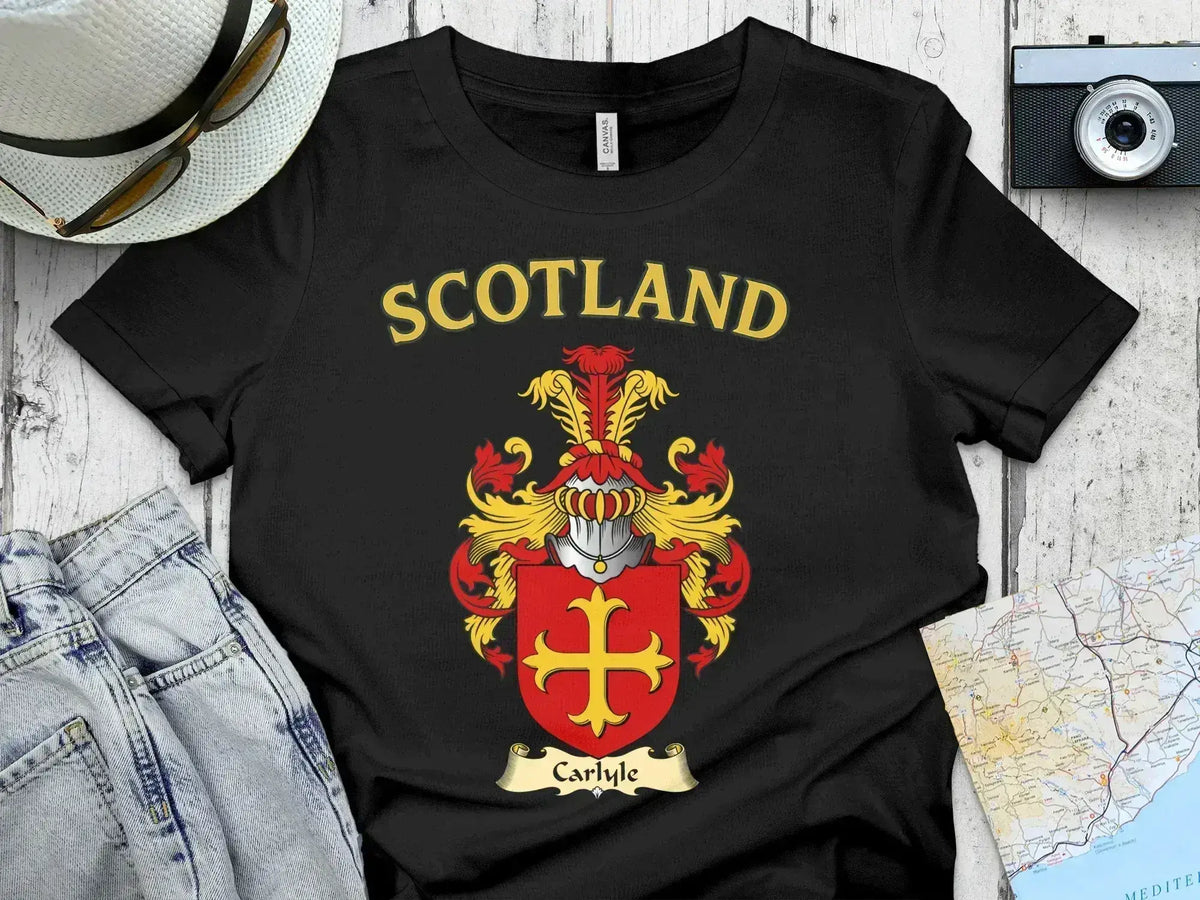 Carlyle clan crest tartan T-shirt front design