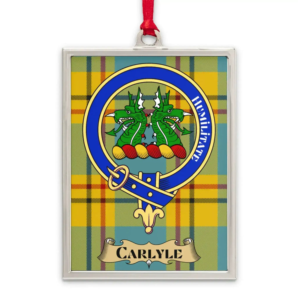 Carlyle tartan-background crest ornament shown as a Scottish heritage keepsake gift