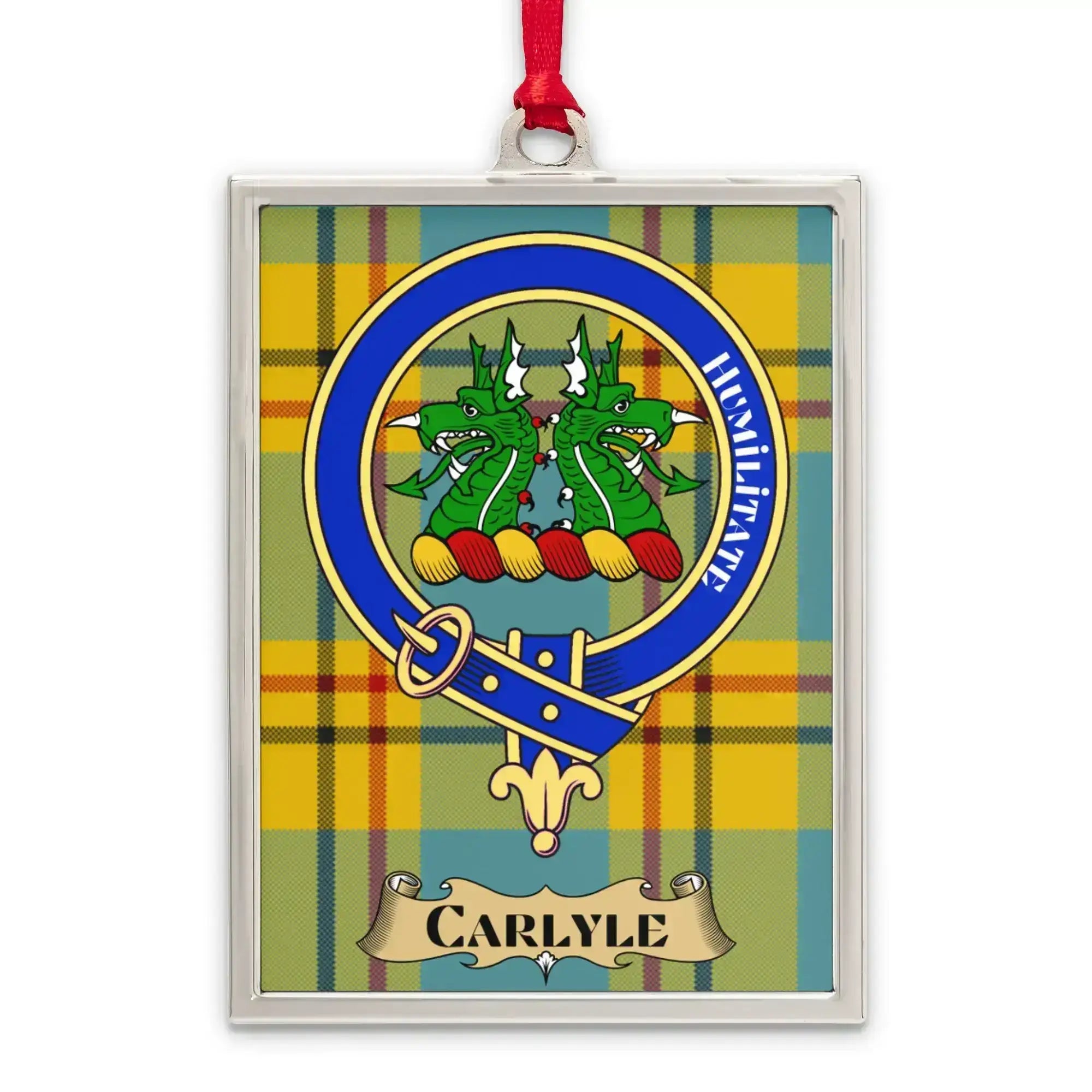 Carlyle tartan-background crest ornament shown as a Scottish heritage keepsake gift