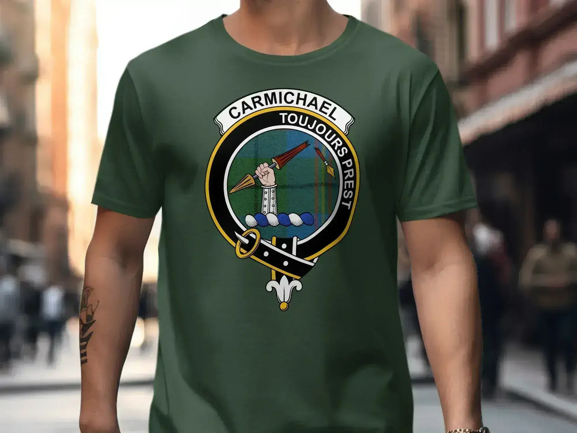 Clan Carmichael always ready crest green t-shirt — forest green, front view
