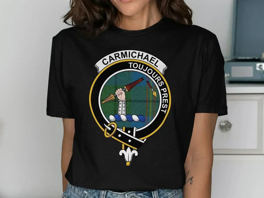 Carmichael coat of arms Scottish clan crest t-shirt — black, front view