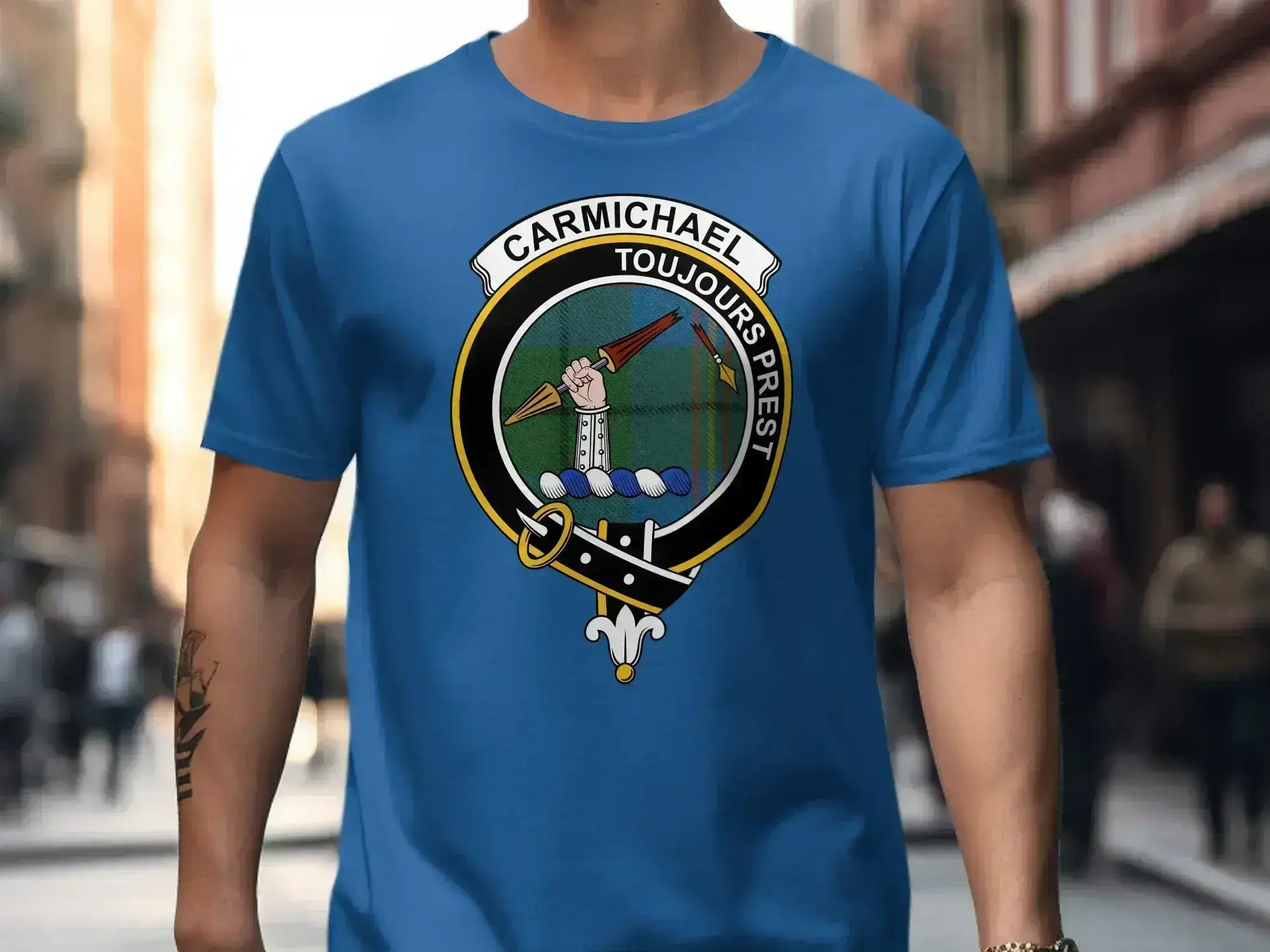 Clan Carmichael toujours prest blue shield emblem shirt — navy, S to 3XL