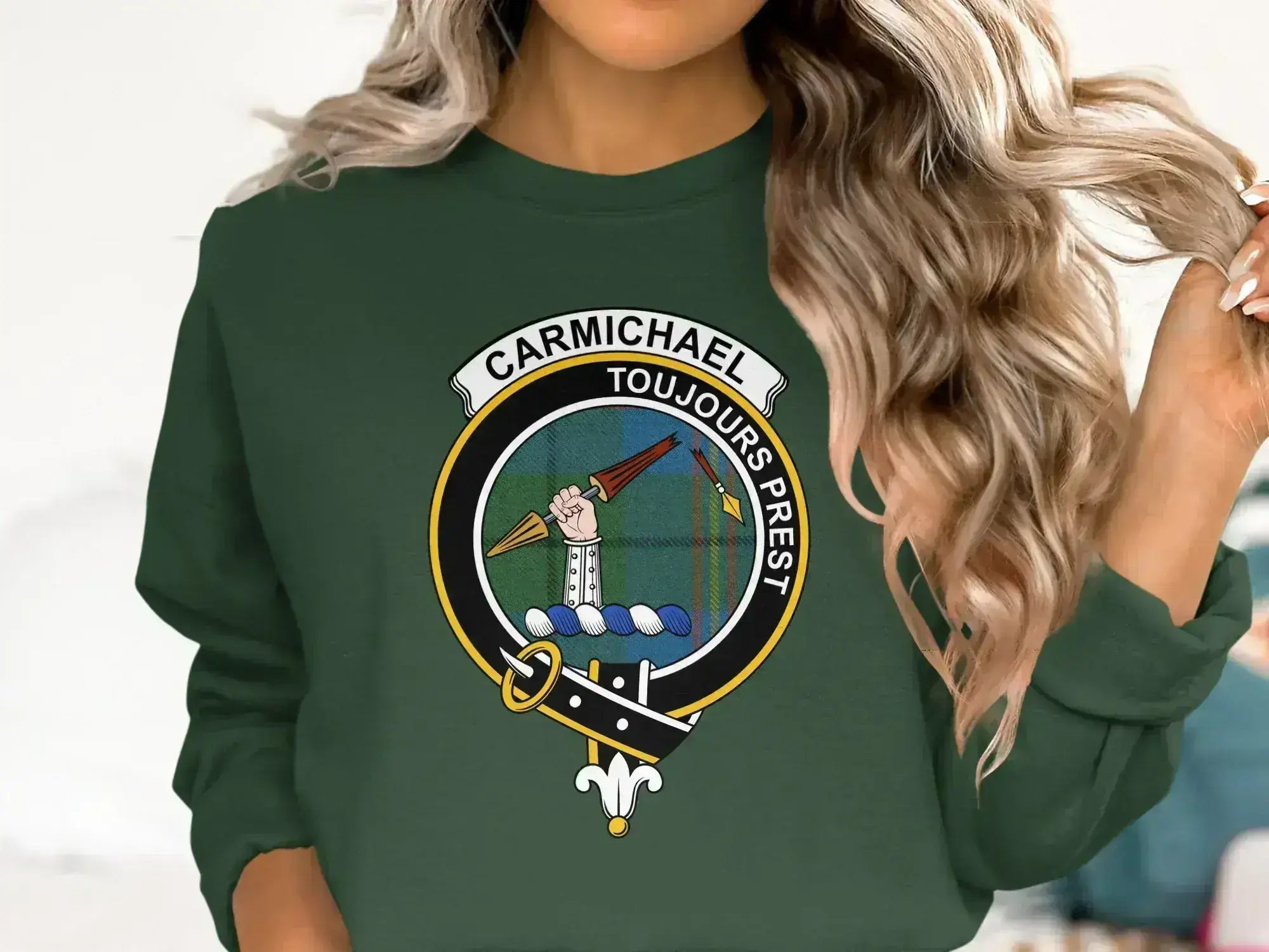 Clan Carmichael toujours prest graphic crewneck sweatshirt — navy fleece, front view