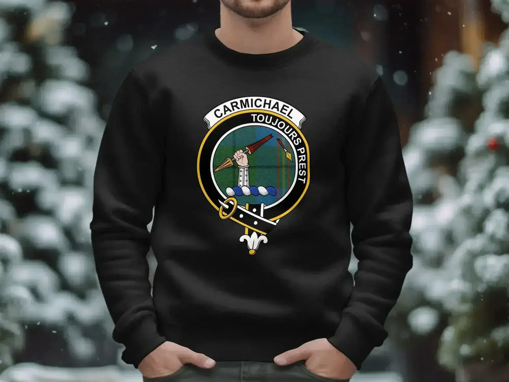 Carmichael clan crest family crest sweatshirt — black, ribbed cuffs