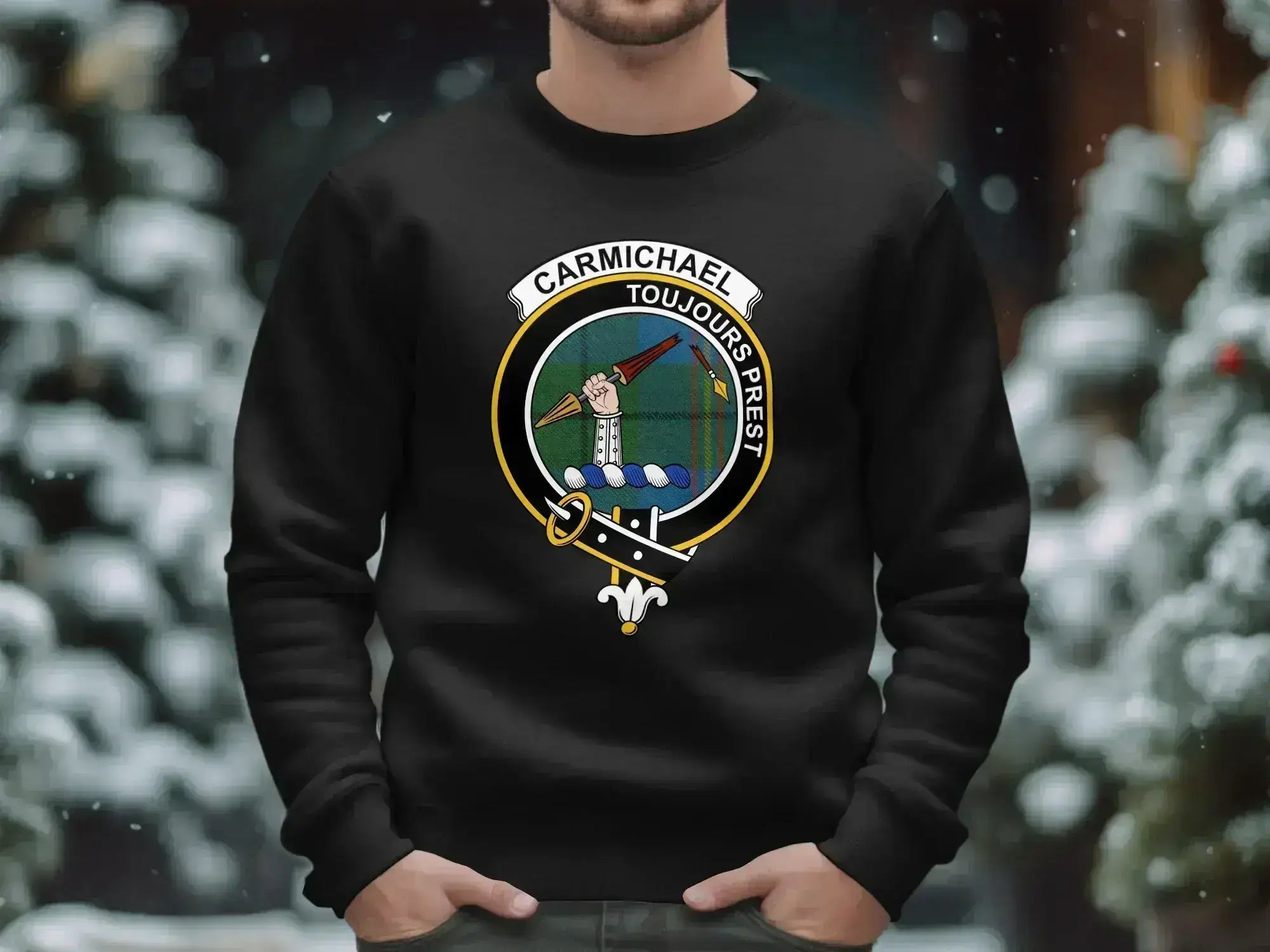 Carmichael clan crest family crest sweatshirt — black, ribbed cuffs