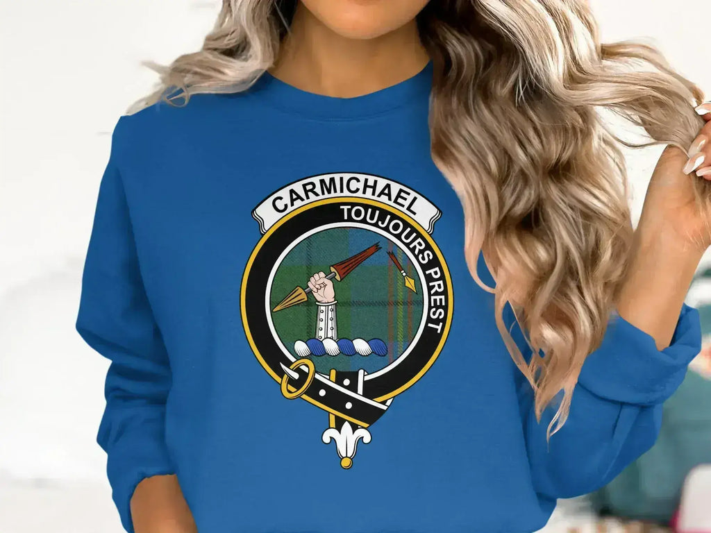 Clan Carmichael toujours prest graphic sweatshirt — royal blue, front view