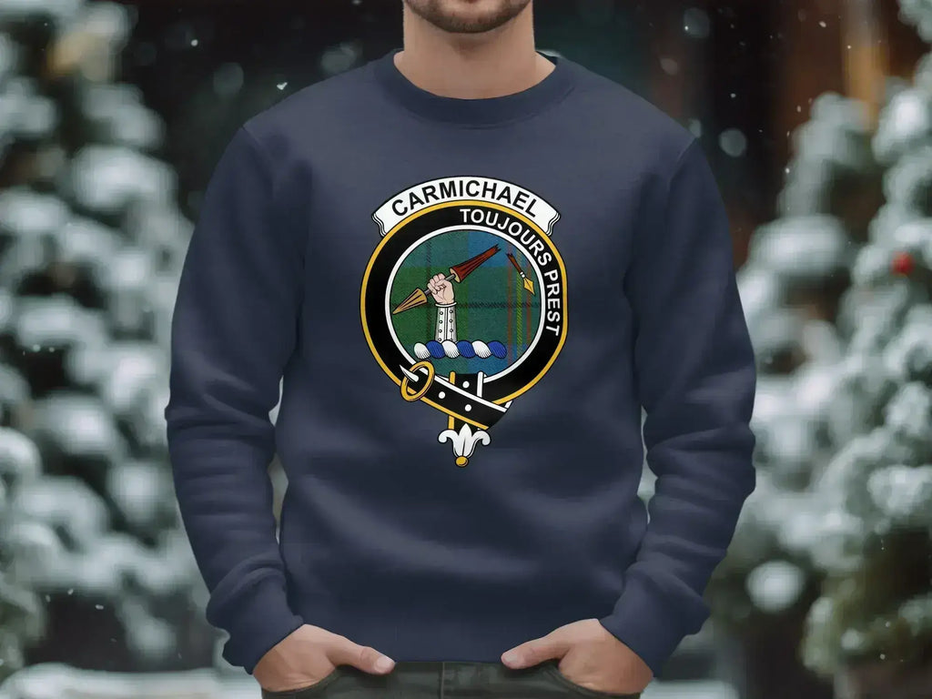 Carmichael clan crest crewneck sweatshirt — forest green, sizes S to 3XL