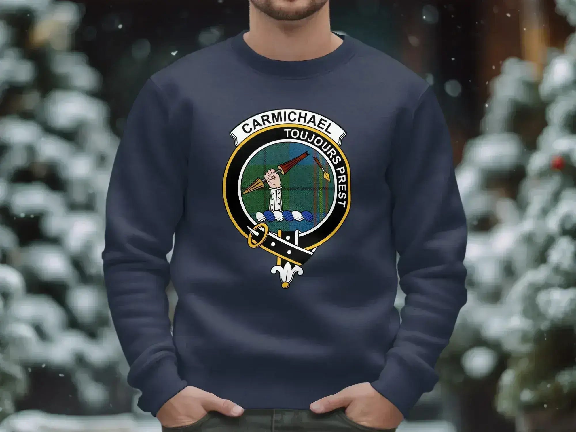 Carmichael clan crest crewneck sweatshirt — forest green, sizes S to 3XL
