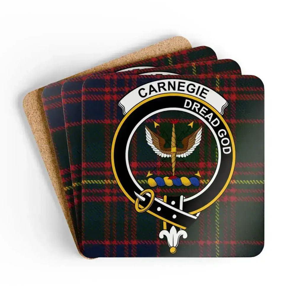 Clan Carnegie dread god tartan coaster set — glossy cork, 3.75 inch square