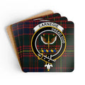Clan Carnegie dread god tartan coaster set — glossy cork, 3.75 inch square