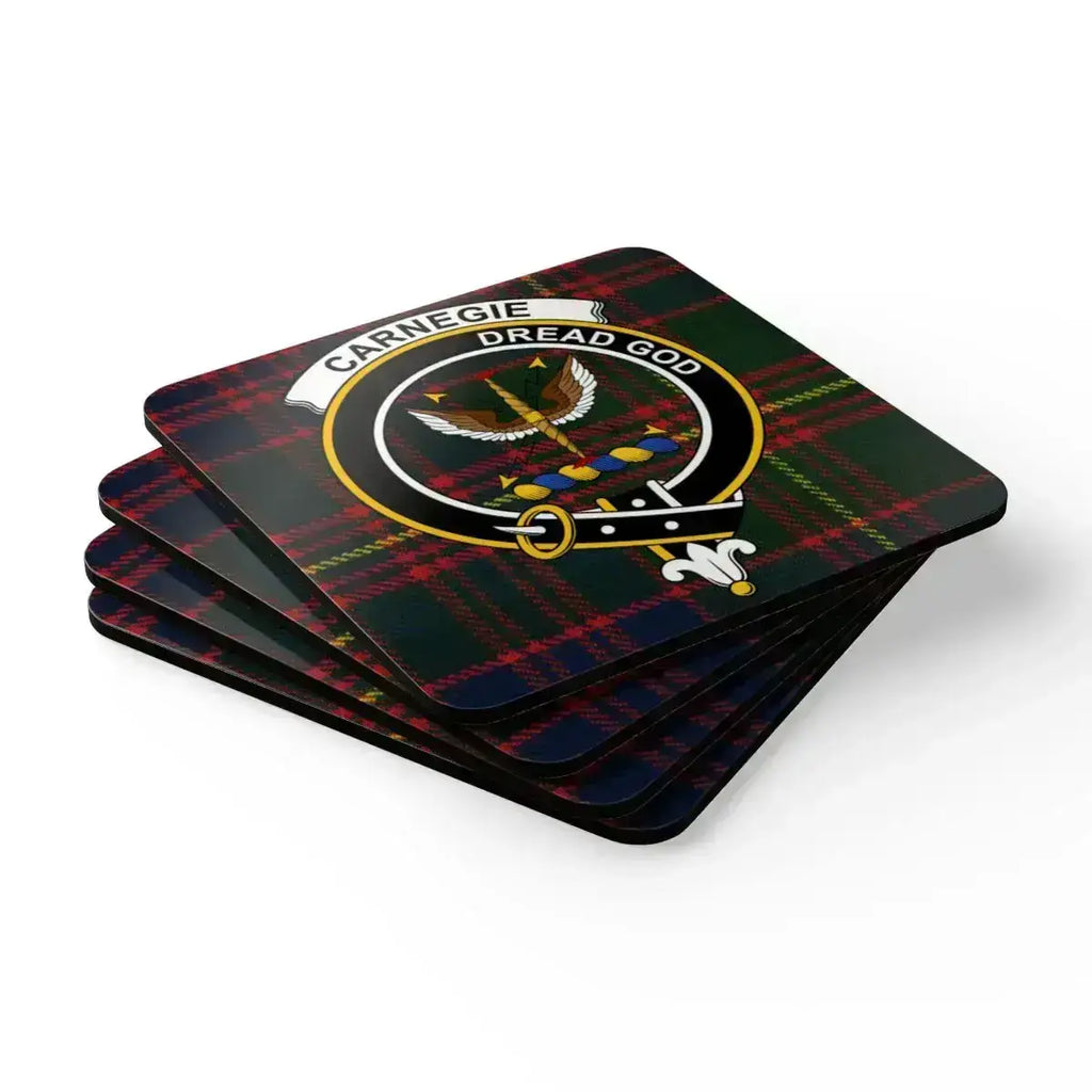 Carnegie clan dread god plaid coasters — set of 4, on table