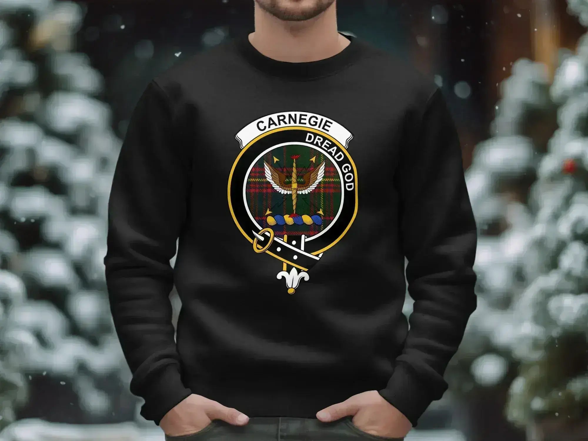Carnegie clan emblem black sweatshirt — ribbed cuffs, sizes S to 3XL
