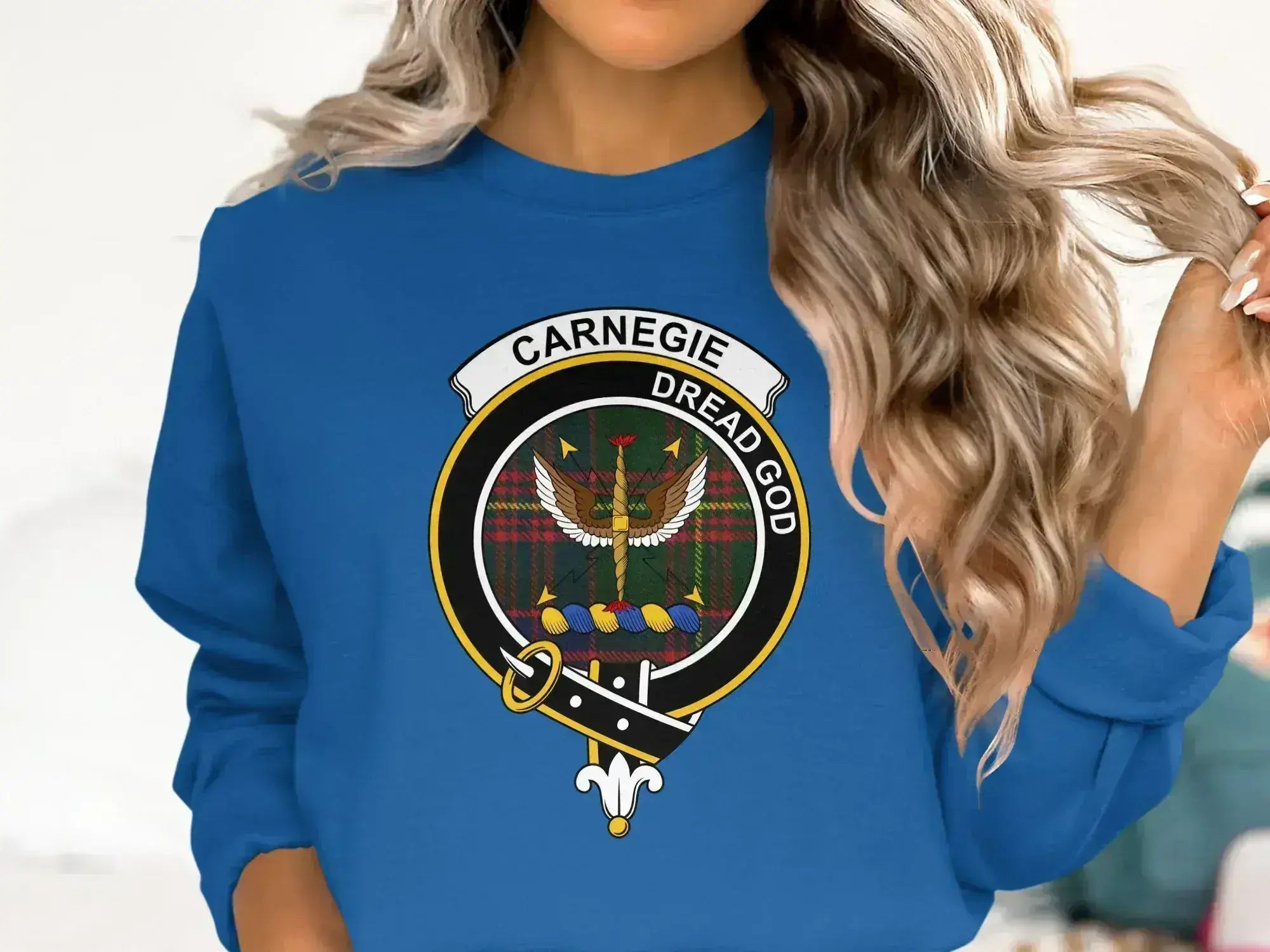 Clan Carnegie dread god crest design blue sweatshirt — royal blue, front view