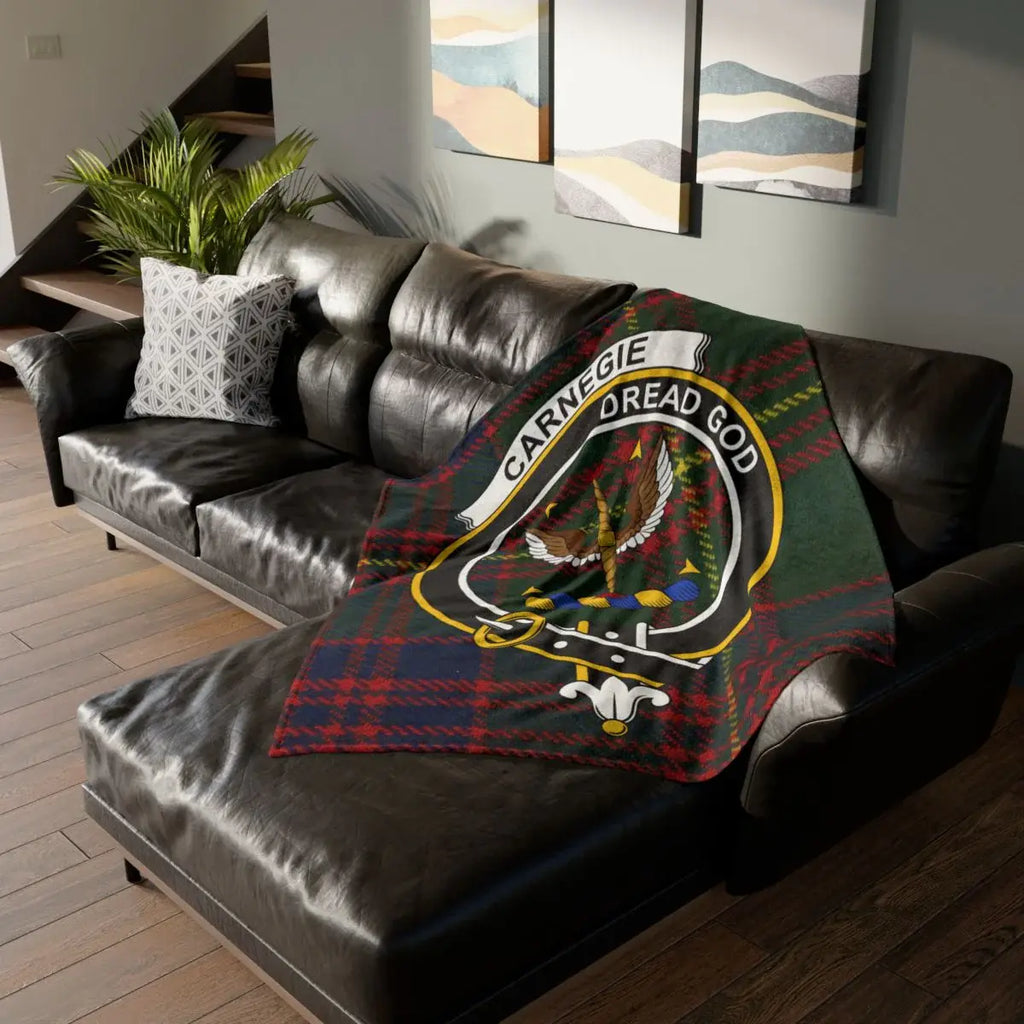 Clan Carnegie dread god clan crest red tartan throw blanket — 100% polyester, sofa display