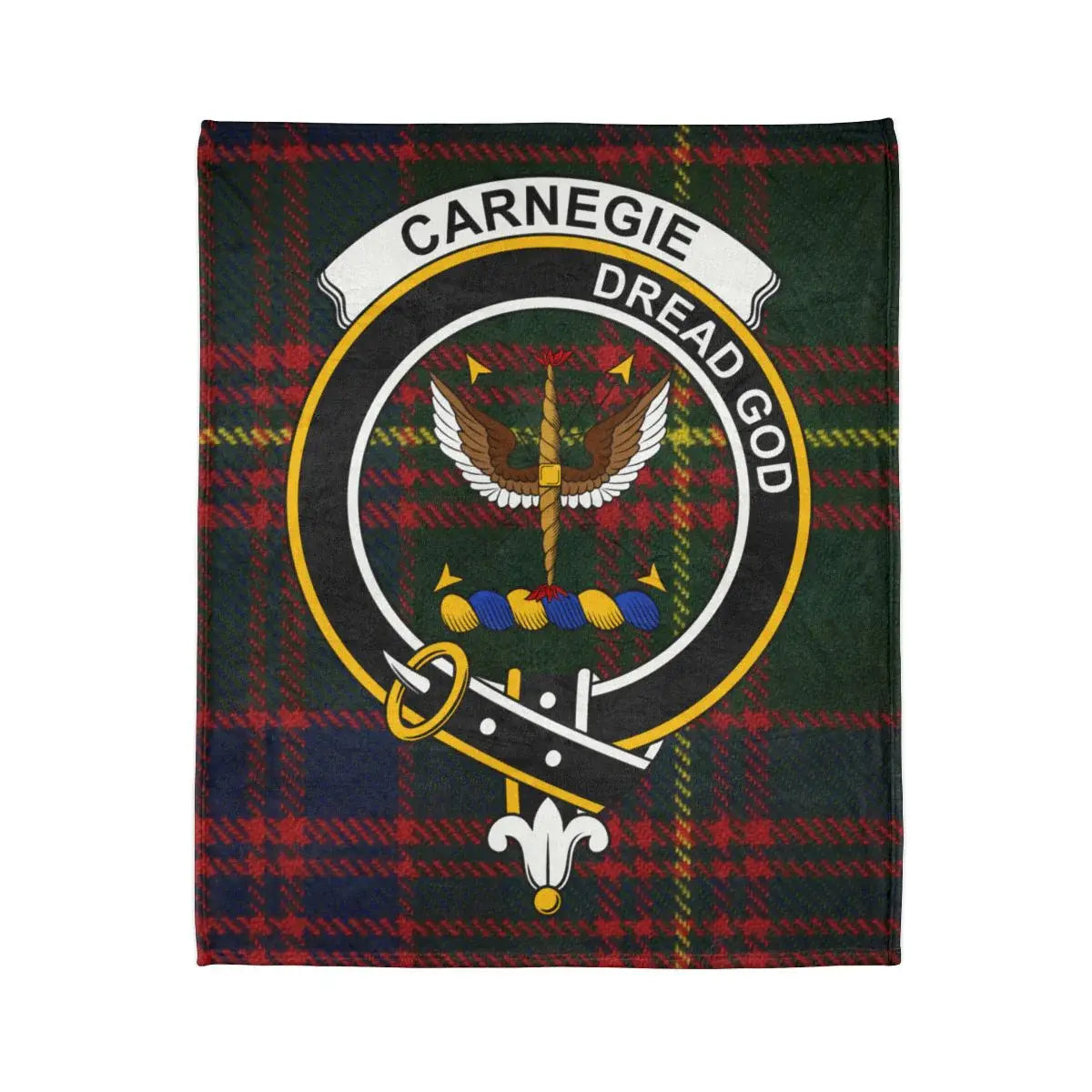 Carnegie dread god tartan clan crest throw blanket — crest detail on polyester